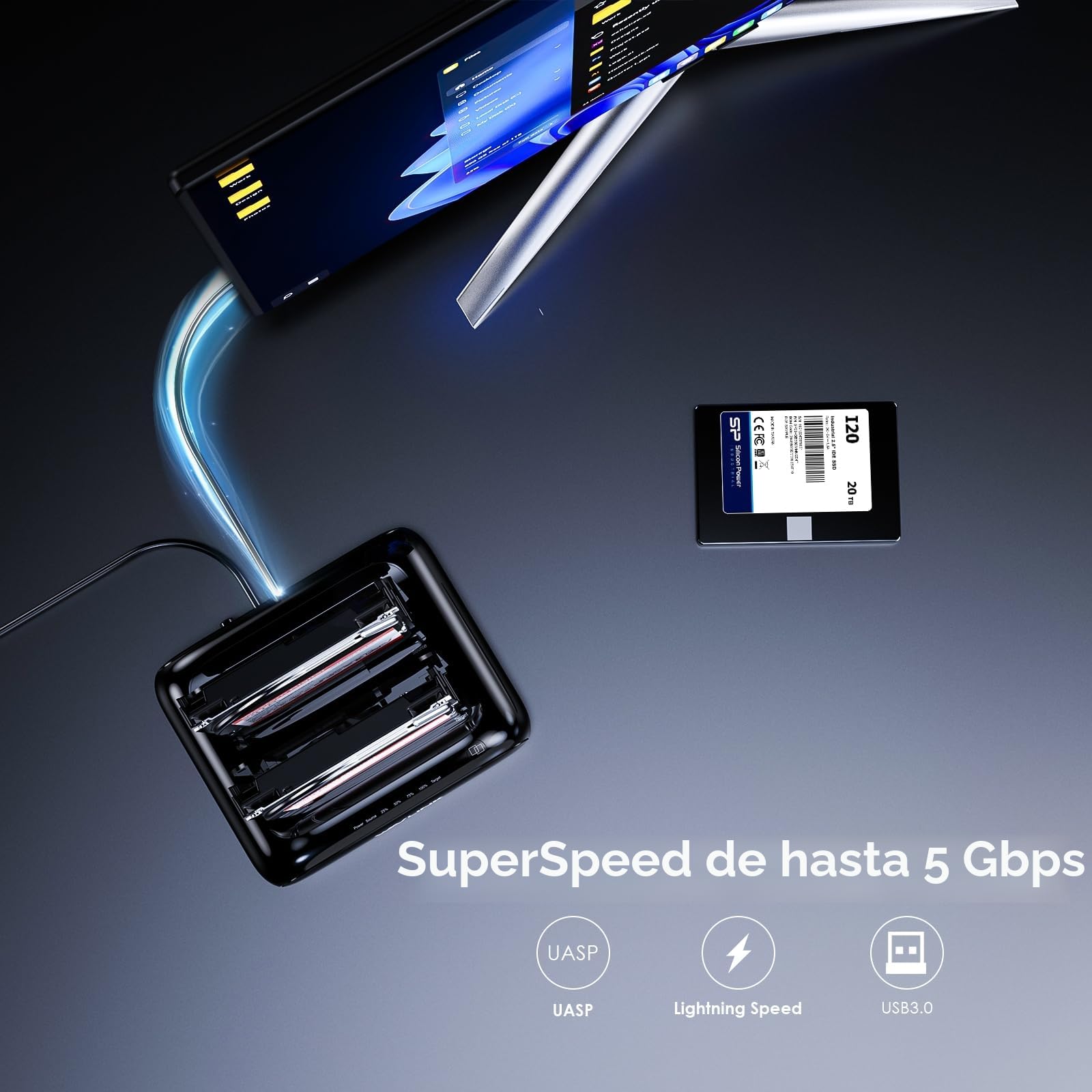 WAVLINK Doble bahía Estación de Acoplamiento para Disco Duro Externo Soporta 2x20TB, USB 3.0 a SATA I/II/III para 2.5 o 3.5in HDD, SSD con función de clonado Offline, soporta UASP SATA 5Gbps