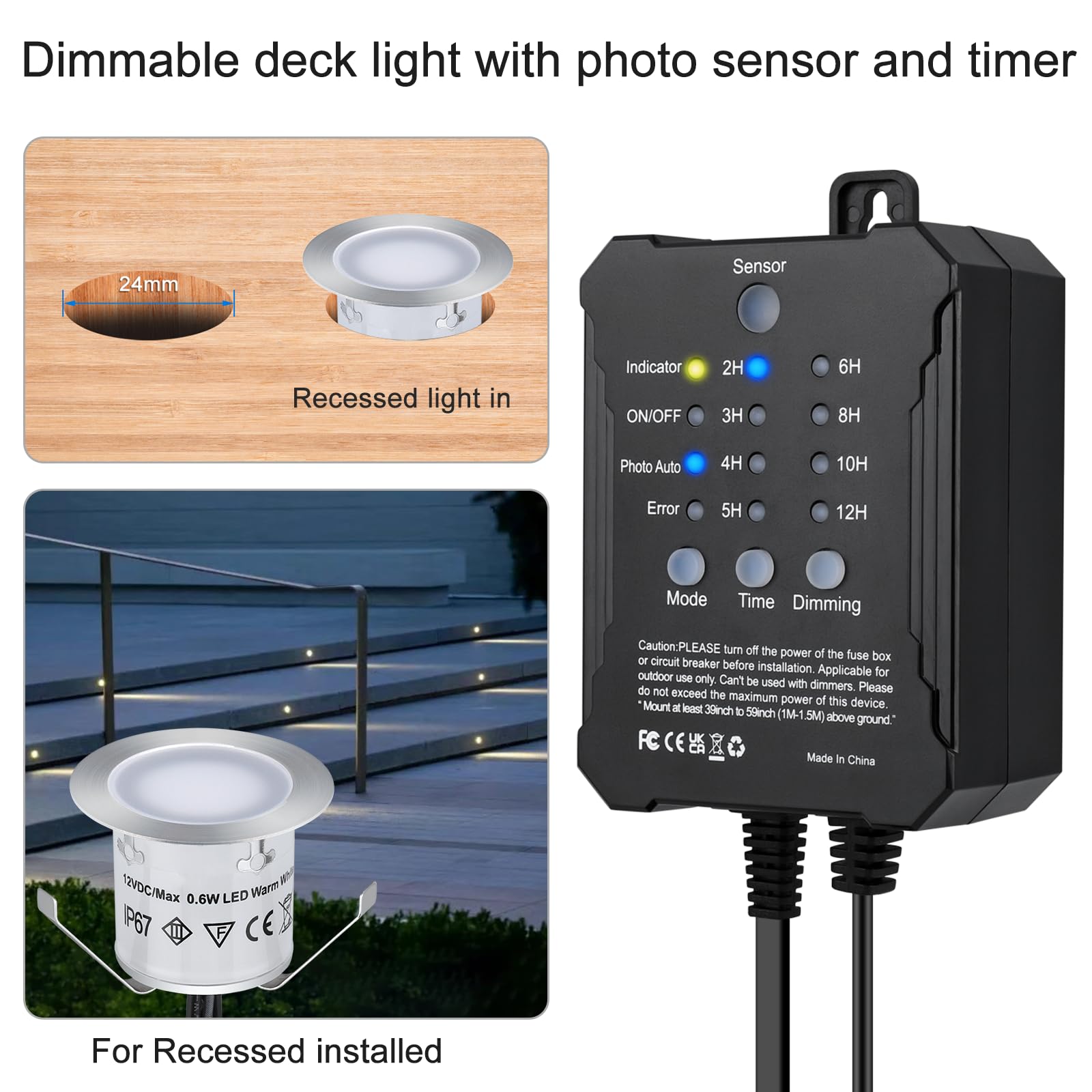 SMY Lighting 20 przyciemnianych reflektorów do zabudowy tarasowej, ciepła biel, z czujnikiem czasu i fotokomórkami, 12 V 0,6 W Ø 32 mm LED do wbudowania w ziemię, na taras, do ogrodu, mostu