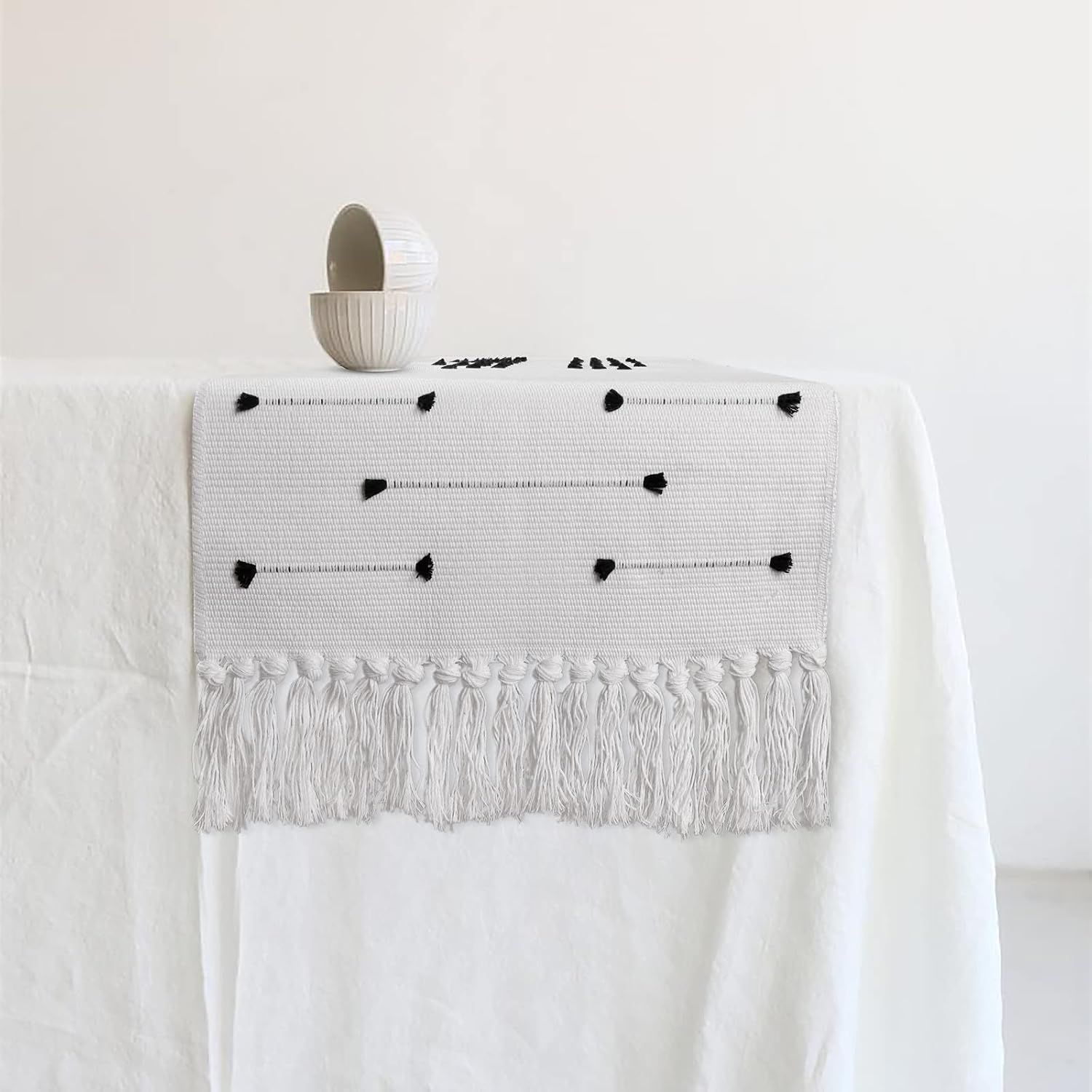 Moroccan Fringe Table Runner 14 X 87 in, KIMODE Bohemian Geometric Cotton Woven Tufted Tassels Macrame Farmhouse Christmas Dinning Table Linen Machine Washable Minimalist Home Decorative