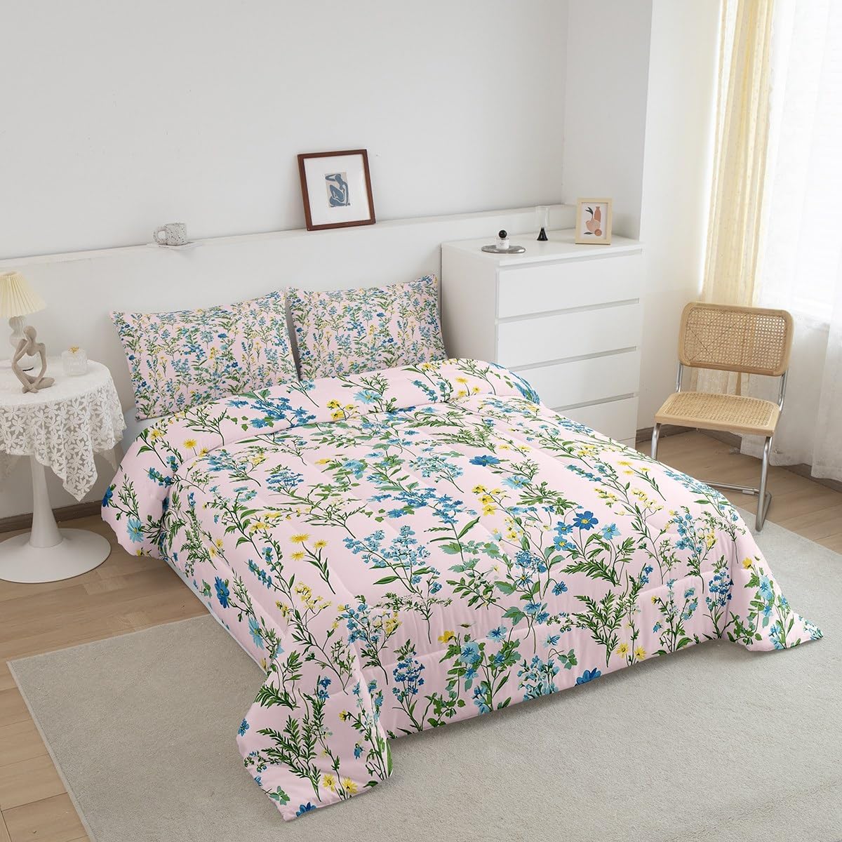 Erosebridal Spring Flower Queen Comforter Set, Beautiful Floral Bedding Set Stylish Botanical Leaves Quilt for Kids Girls Women Adult, Modern Minimalist Duvet Insert Rustic Farmhouse Decor, Pink