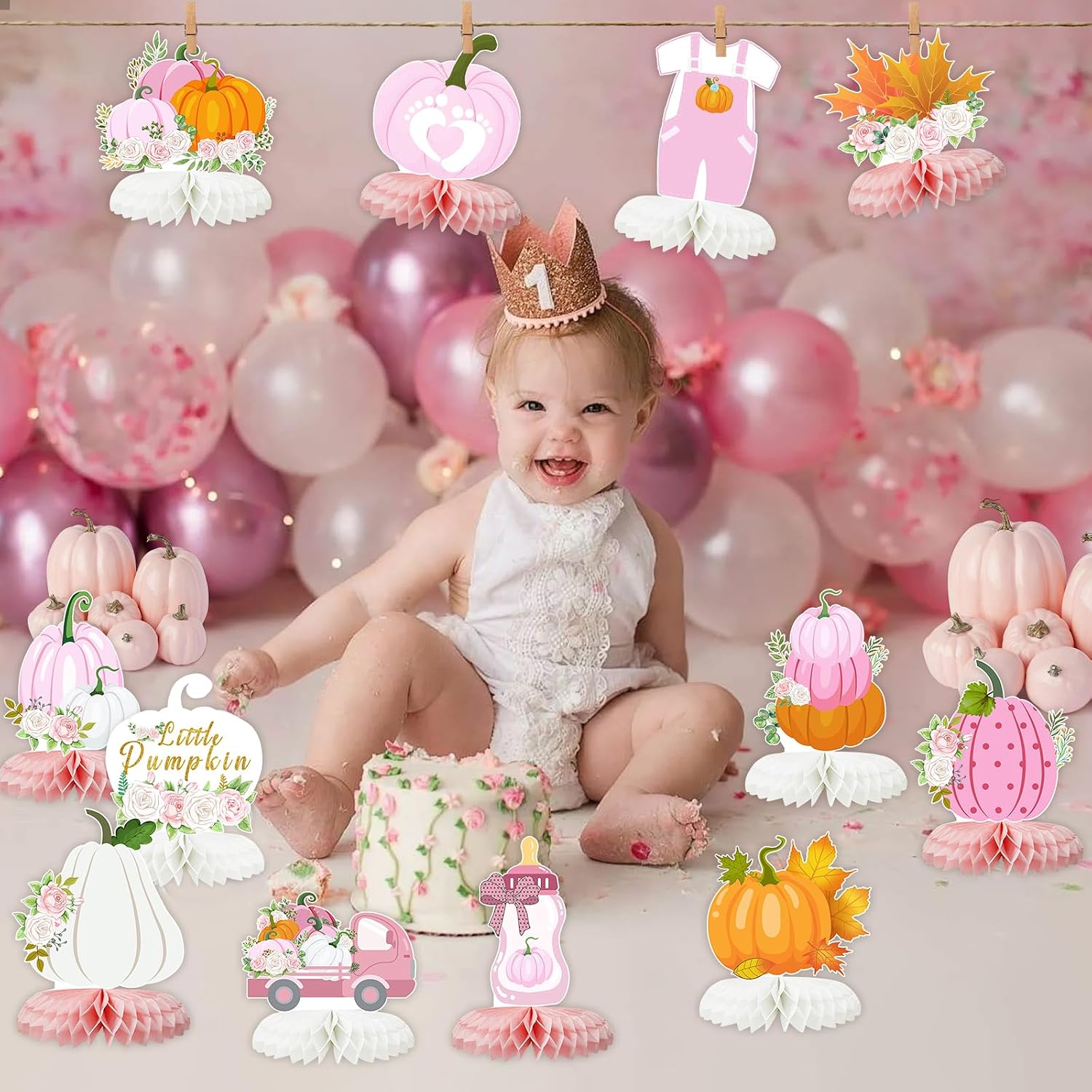 12 PCS Little Pumpkin Baby Shower Decorations 3D Honeycomb Centerpiece Fall Party Table Decor for Girls Pink Table Toppers Honeycomb Gifts for Birthday Party Supplies