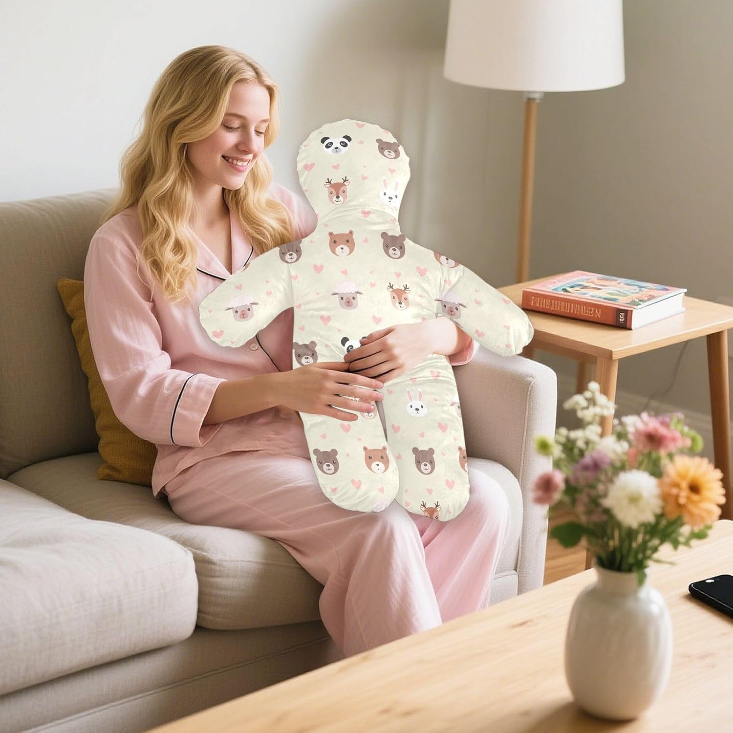 Cute Animal Faces Human-Shaped Pillow Soft Body Pillows Washable Velvet Pillows for Anxiety Relief Sleeping Cuddling & Support