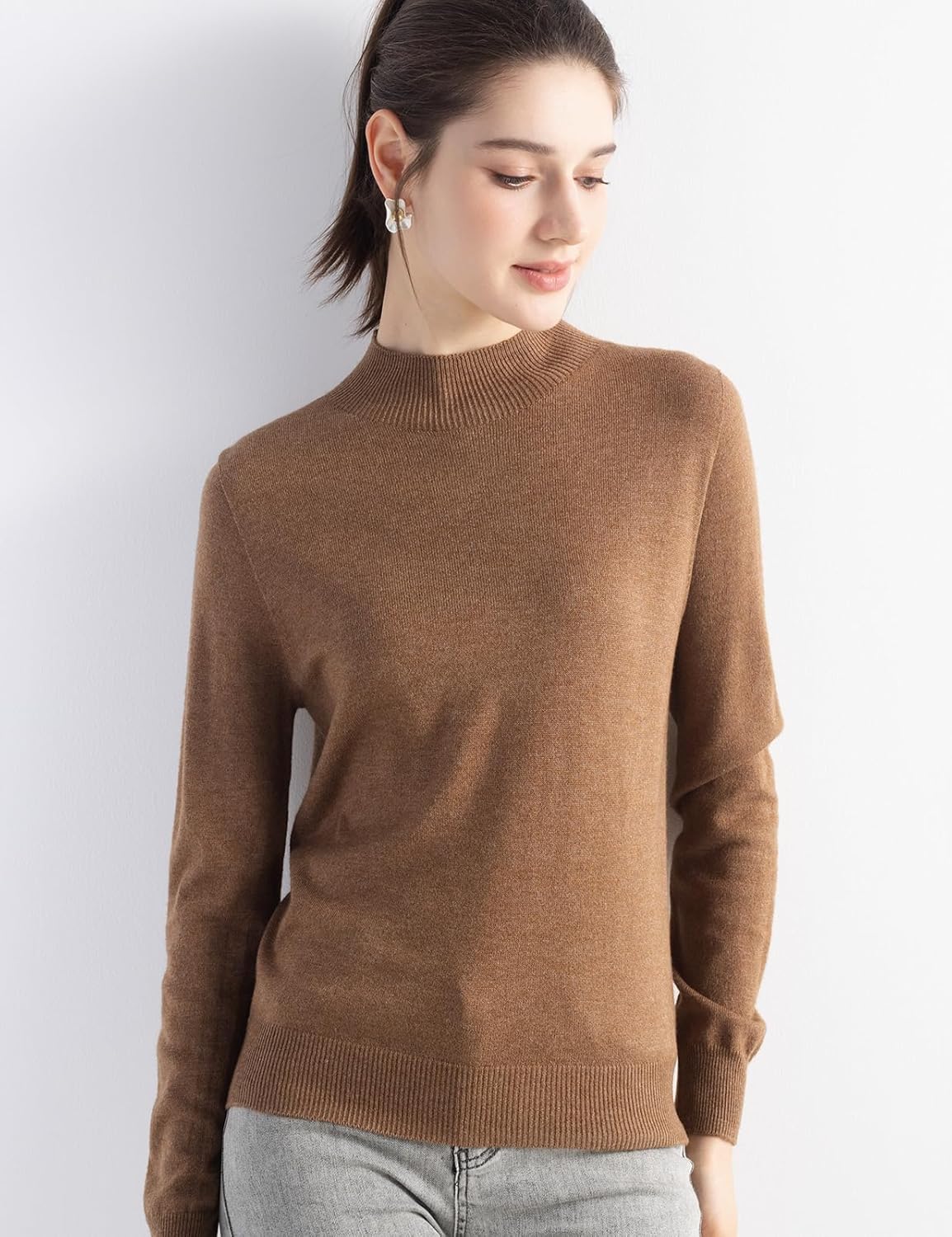 Women's Merino Wool Blend Sweater Fall Winter Mock Neck Long Sleeve First-Line Ready to Wear Seamless Knit Sweater - Image 2