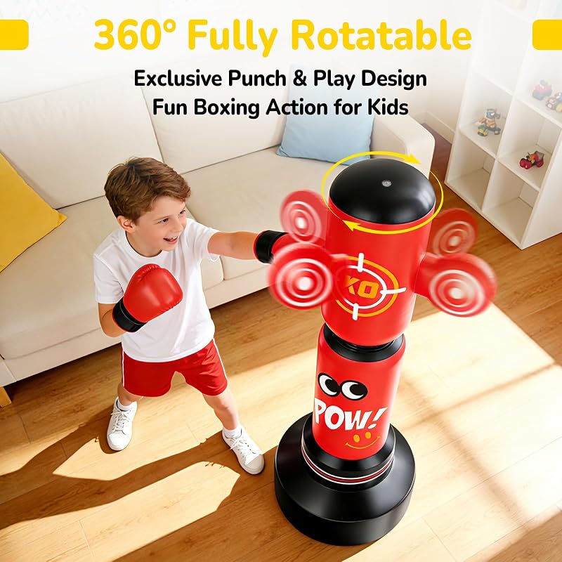 Set sac de box gonflabil vertical pentru copii JUOIFIP cu pompă și coardă de sărit, 165 cm, pentru băieți și fete, pentru antrenamentul de reacție și taekwondo