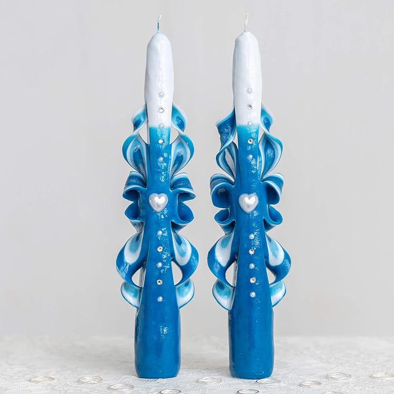 Taper blue carved candles, wedding decor. Unique candles