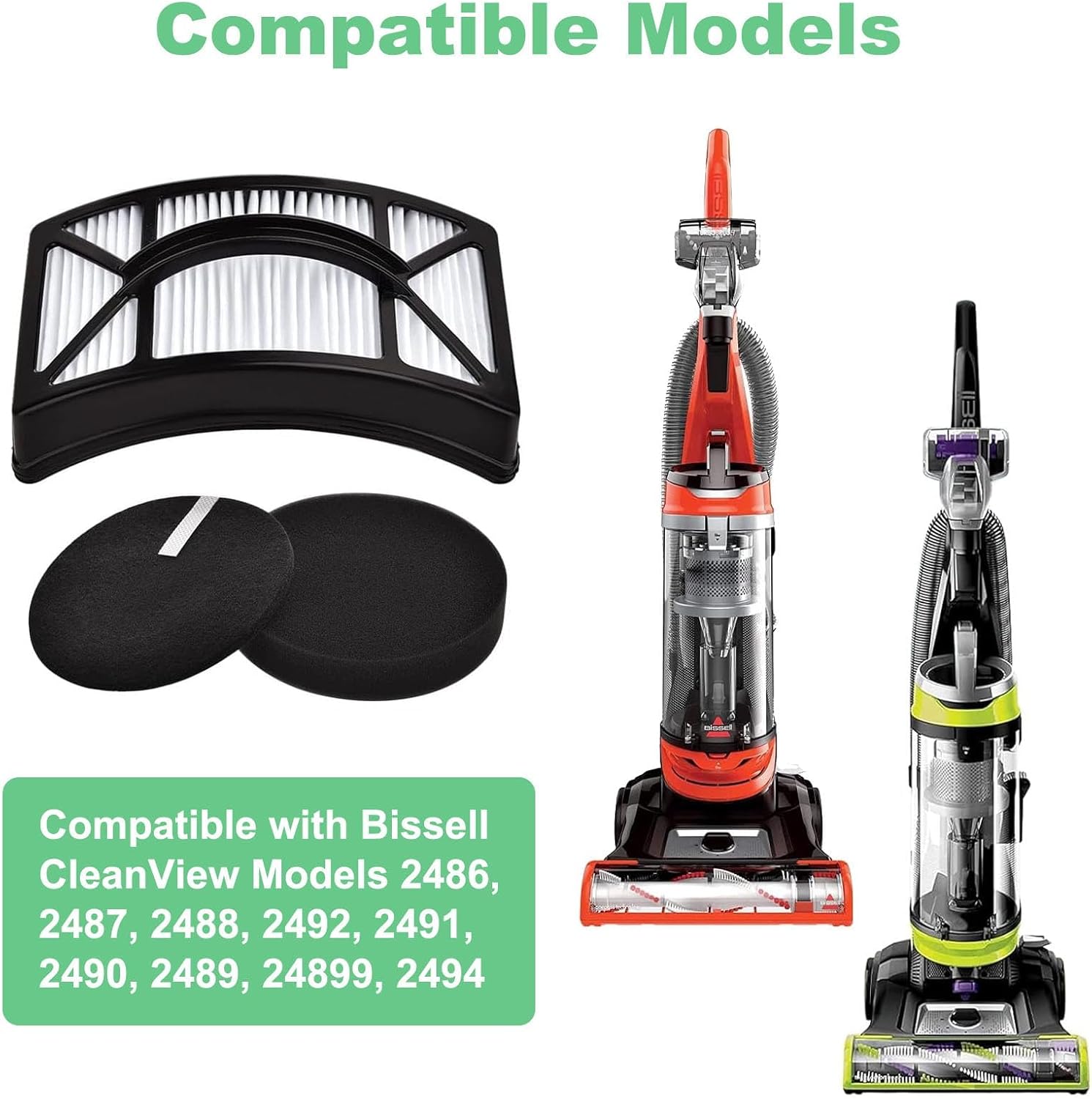 Alrens Vacuum Filter Replacement for Bissell CleanView 2486, 2487, 2488, 2492, 2490, 2489, 24899, 2491, 2494, 2 HEPA + 4 Foam & Felt Filters, Compare to Part# 1608225, 1604130, 1601972