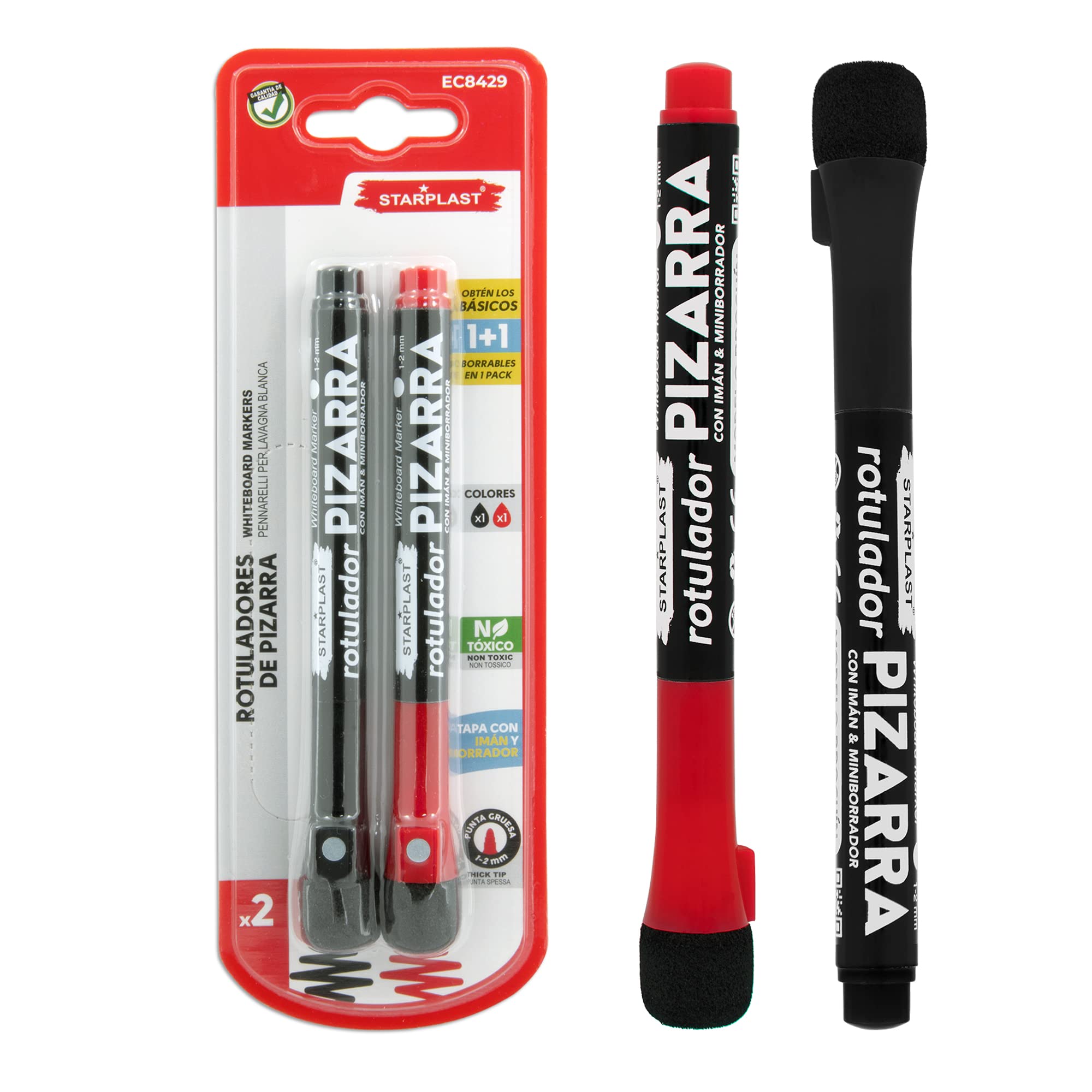 Starplast 2 Rotuladores Pizarra Blanca Con Imán - Rotulador BROCHIN, Punta Redonda 2.0mm con Borrador - Negro y Rojo