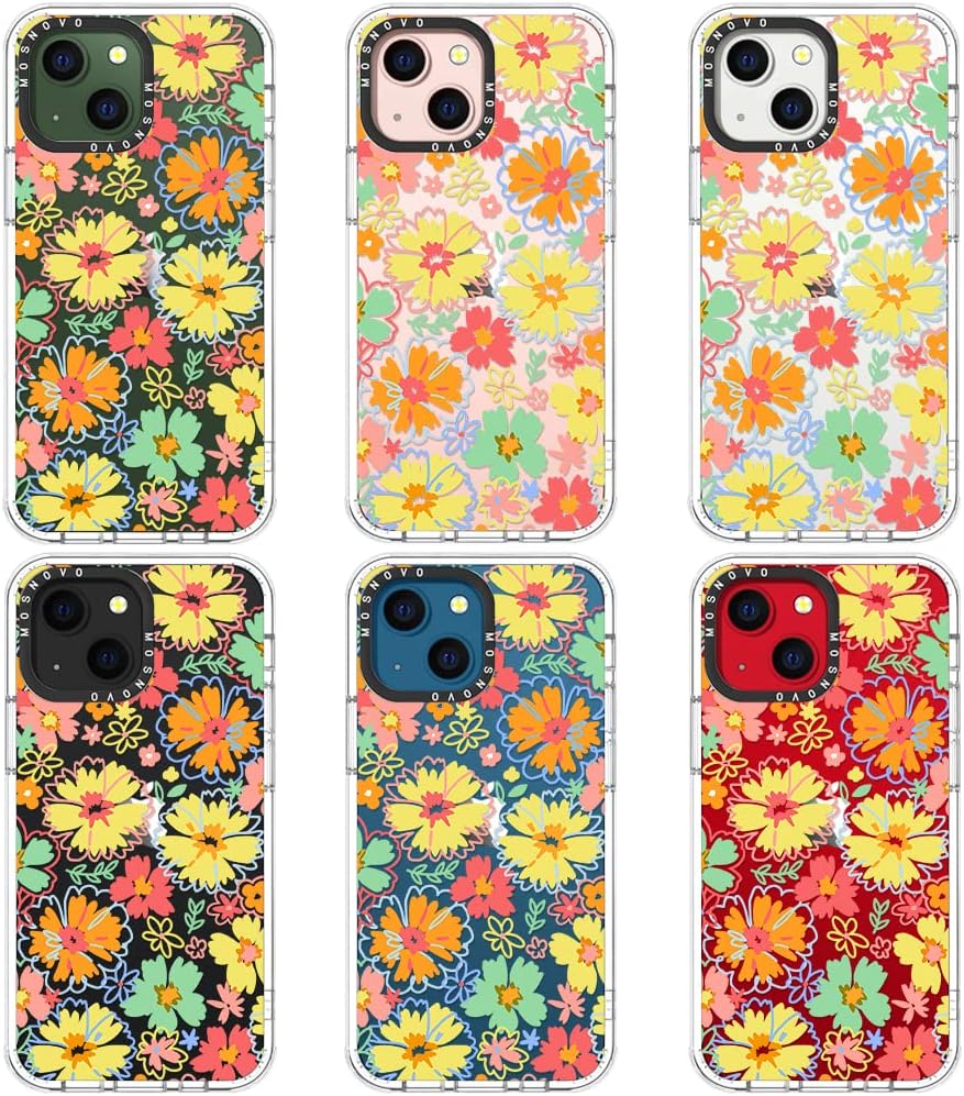 MOSNOVO Compatible with iPhone 13 Mini Case, Retro Boho Hippie Flowers Floral for Girl Women [Buffertech Impact] Transparent TPU Bumper Clear Phone Case Cover Designed for iPhone 13 Mini 5.4 Inch