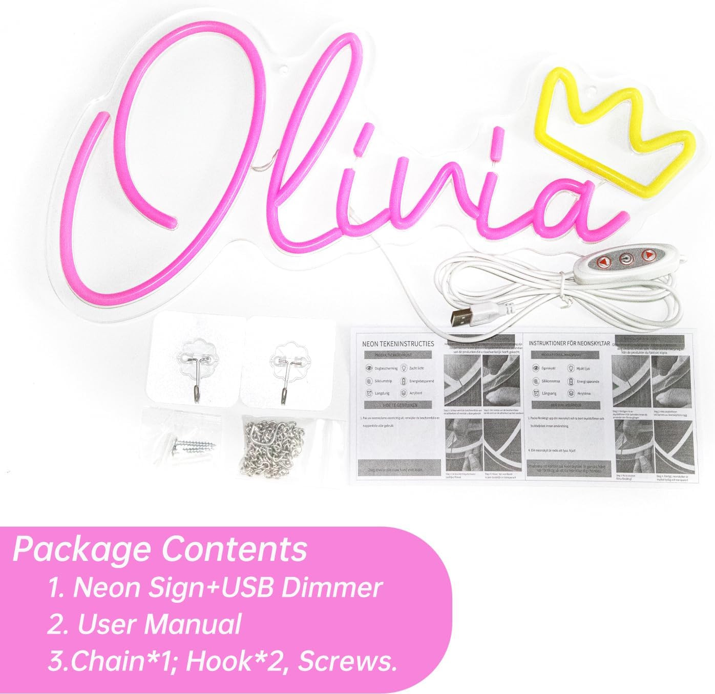 Large Olivia Name Neon Sign, Pink Decoration Dimmable Light for Bedroom, Kids Room, Living Room, Birthday Party Decoration, Neon Sign Gift, Name Decor for Girl, Size 16 * 7.7 inches - Image 5