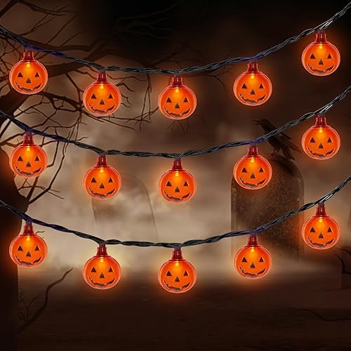 Miniatura 8 de Luces LED de calabaza de Halloween para exteriores, 8.5 pies, luces decorativas de Halloween con 10 luces LED transparentes de calabaza naranja