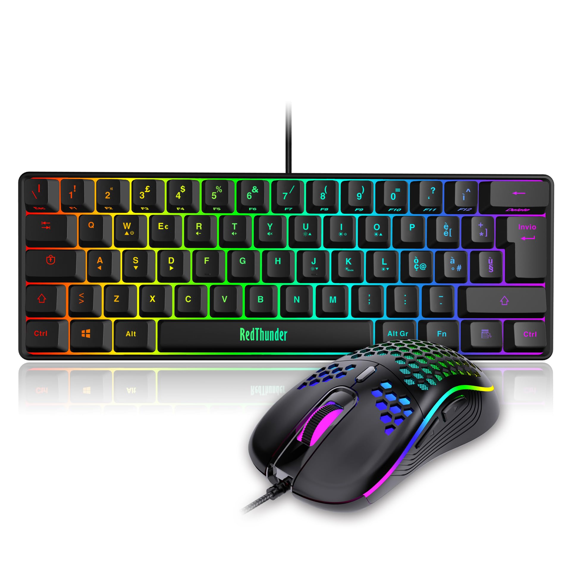 RedThunder 60% Tastiera da Gioco Meccanica Cablata, Retroilluminazione Dinamica RGB, Mouse a Nido D'ape Leggero da 7200 DPI, Tastiera Ultracompatta, 62 Tasti Anti Ghosting, Layout IT per PC/PS5-Nero