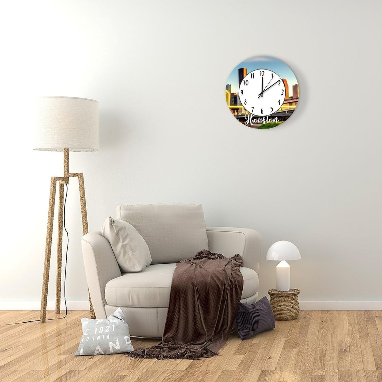 Houston Wall Clock Silent Non Ticking Wooden Clocks Houston Scenery Cityscape Clock Battery Operated 12in Round Clock, Rustic Clocks Decor for Home Kitchen Office