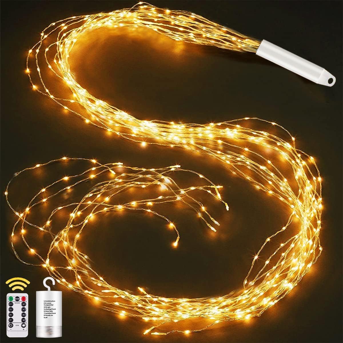 Forhome Guirnalda de luces de 1 m, 200 LED, 8 modos de luz, cascada, cadena de luces con mando a distancia, temporizador, impermeable, para Navidad, balcón, jardín, regadera, blanco cálido