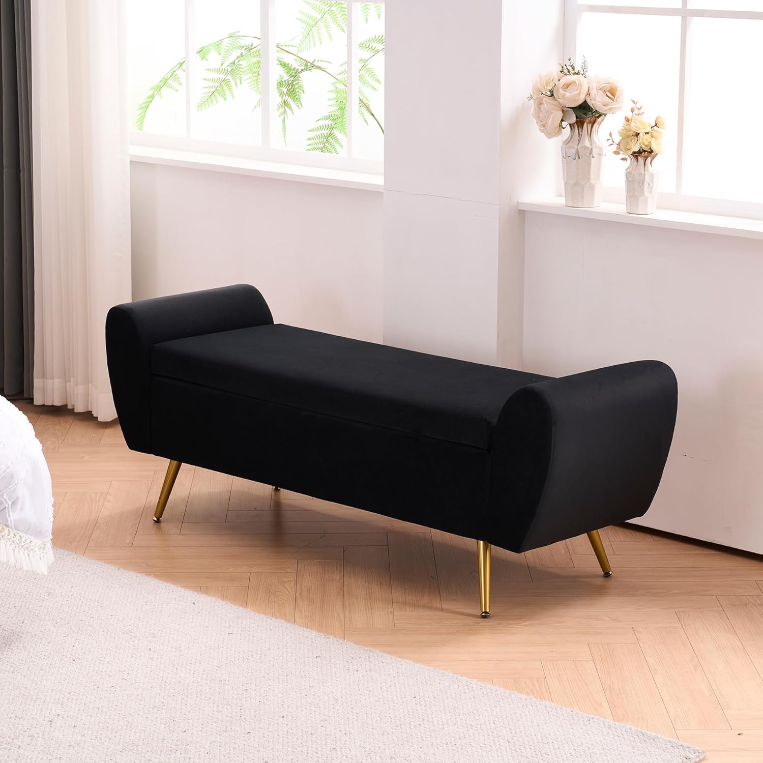 Velvet Storage Bench for Bedroom, 57" Long Bench for King Size Bed, Modern Upholstered End of Bed Ottoman Bench with Arms and Gold Legs for Entryway Living Room (Black) Velvet-black