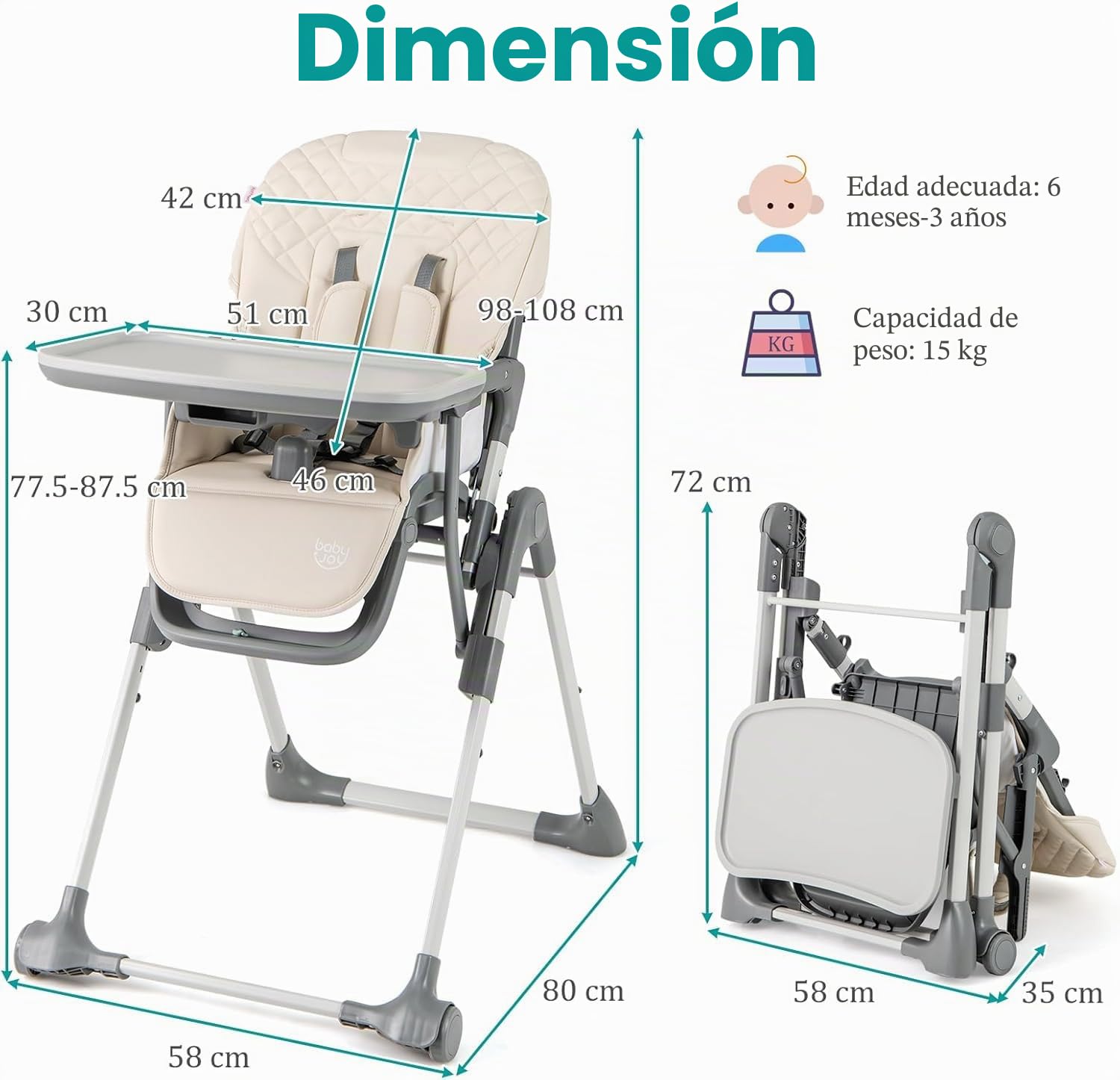 LIFEZEAL Trona Plegable para Bebé 6 a 36 Meses con Asiento Infantil Ajustable 5 Alturas 2 Posiciones de Reclinado Bandeja de 3 Niveles Portátil con 2 Ruedas Color Beige Gris (Beige)
