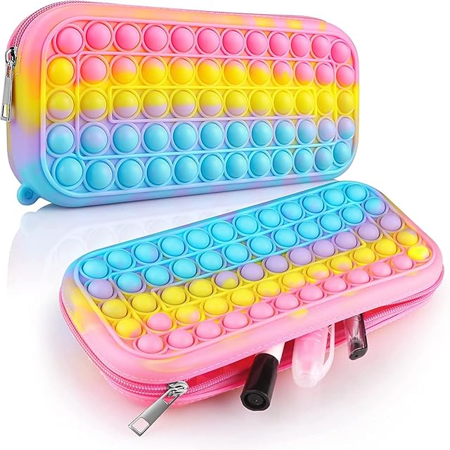 Vofolen Pop Pencil Case Pen Case Sensory Silicone Bubble Toy, Fidget Pencil Box for School Students Office, Stress Relief Toys for Kids Adults Stationery Organizer (Rainbow Fidget Pencil Case)