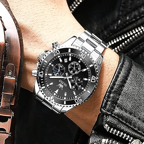 Miniatura 4 de OLEVS Relojes para hombre cronógrafo de acero inoxidable analógico de cuarzo impermeable con fecha y fase lunar relojes de pulsera clásicos