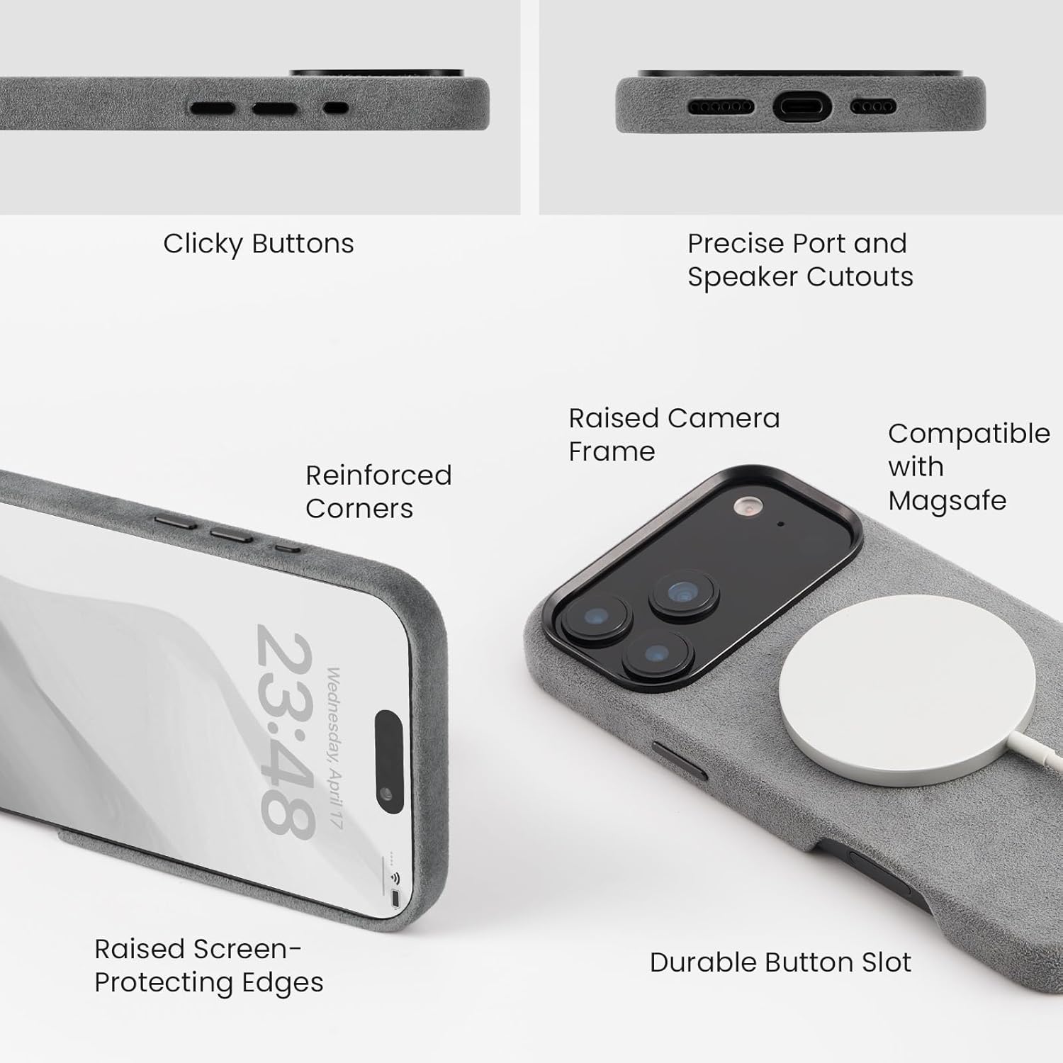 Alcantara Phone Case for iPhone 17 Pro Max 6.9", Compatible with Mag-Safe Wireless Charging, Handmade Full-Wrap Italian Synthetic Suede Cover (Gray)