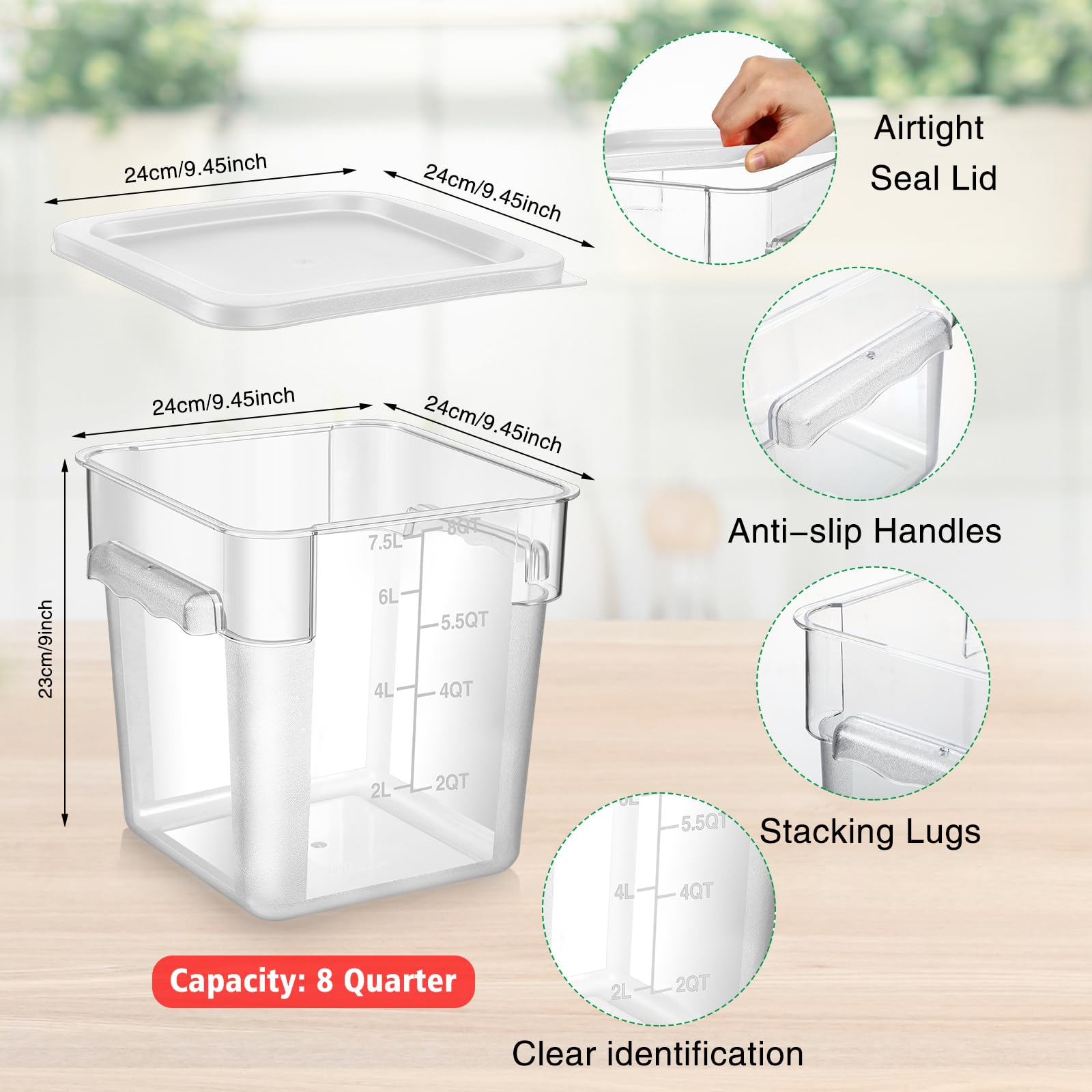 Lallisa 8 Contenitori Alimentari In Policarbonato 8 Qt Con Coperchi Ermetici - Quadrati, Trasparenti Con Manici - Verde E Bianco