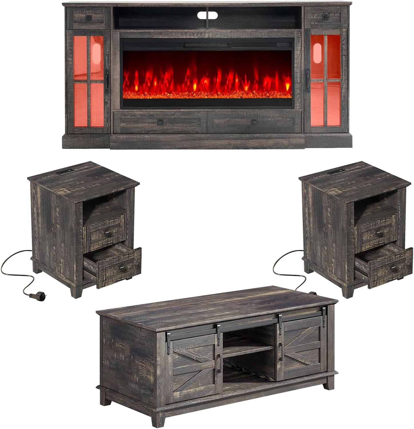 4 Pieces Living Room Table Sets, 70" Large Fireplace TV Stand with 42" Fireplace & LED Lights, Coffee Table with Sliding Barn Doors, End Tables Set of 2 with Charging Station, Dark Rustic Oak