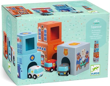 DJECO TopaniCar Stacking & Nesting Blocks with Cars for Kids 18 Months+ Build a Mini Town, Develop Fine Motor Skills, Creative Play & Early Learning Toy