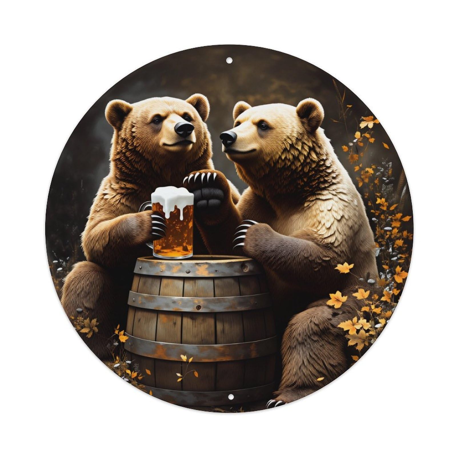Bear Beer Barrel Autumn Flowers Nature Scene Metal Tin Sign Plaque