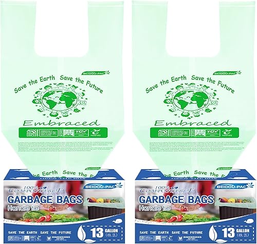 BEIDOU-PAC Bolsas de basura compostables de 13 galones, 60 unidades, bolsas de abono altas para cocina con asa, resistentes bolsas de basura