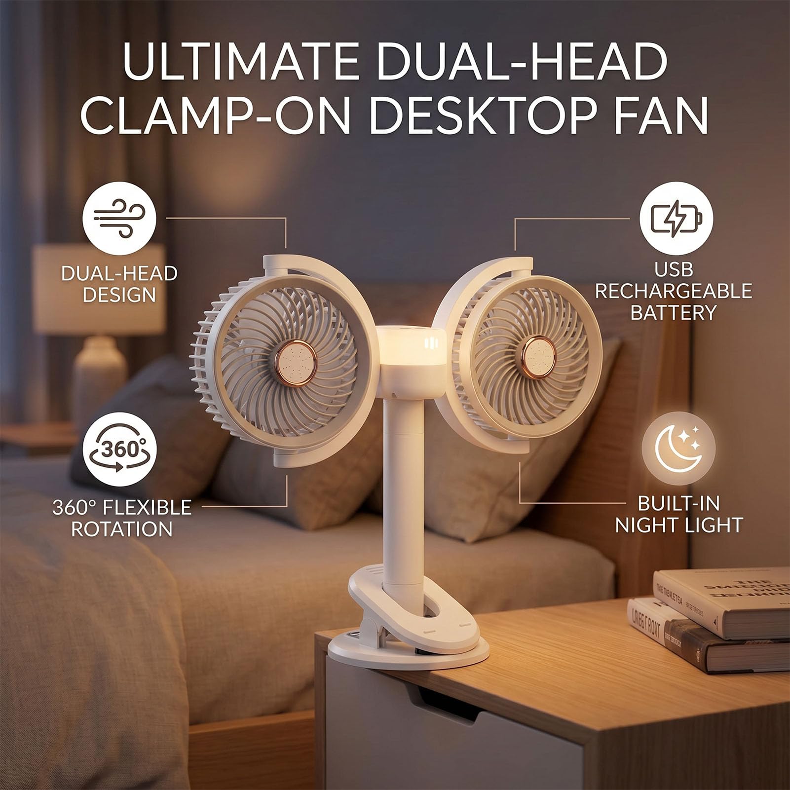 Brrnoo Ventilatore da Tavolo a Doppia Testa Ventilatore da Tavolo a Doppia Testa a con Clip Rotazione a 360° 4 velocità Altezza Regolabile Morsetto per Luce