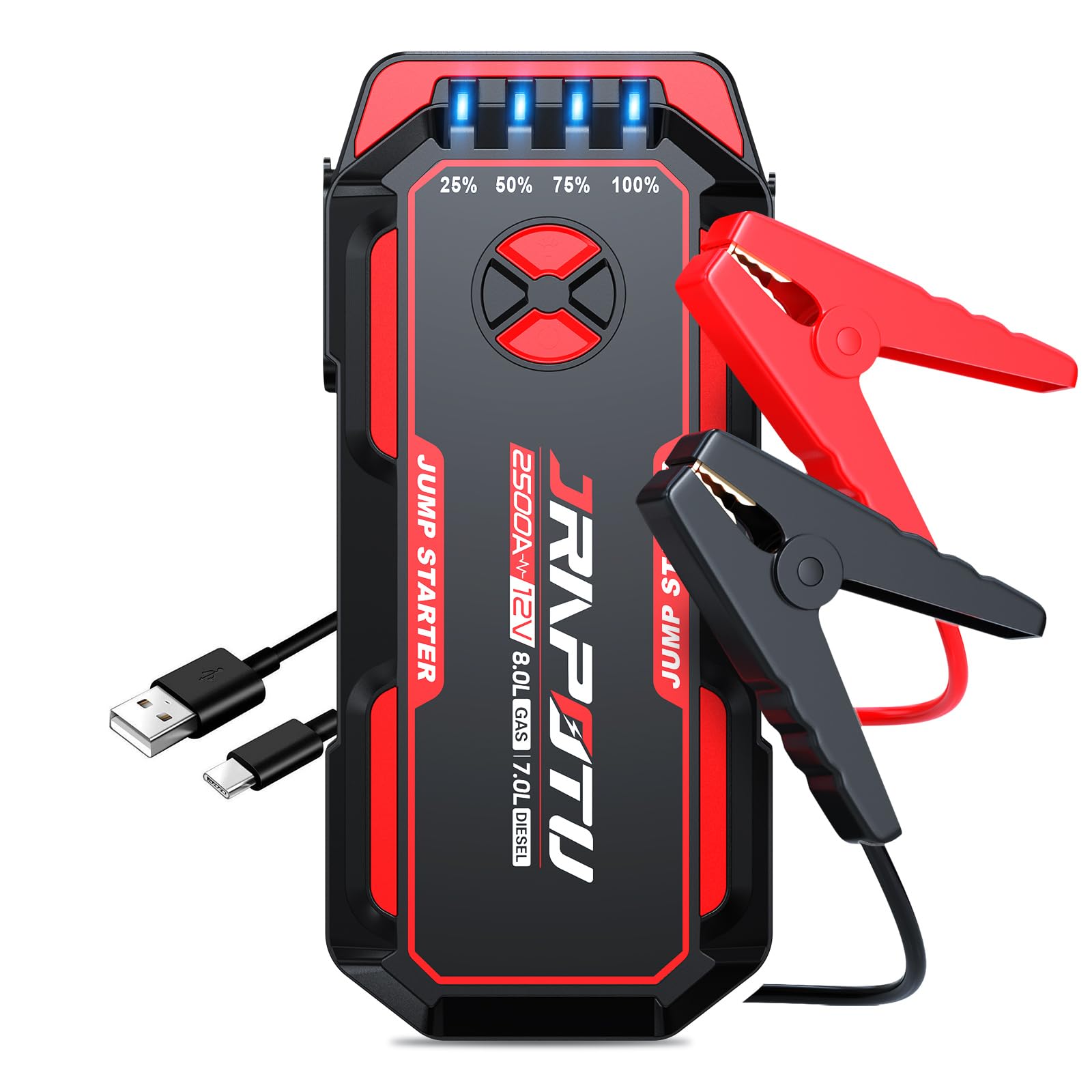 Jrapotu Portable Car Jump Starter, 2500A Peak Battery Jumper, 12V Portable Jump Starter for 8.0L Gas & 7.0L Diesel Cars, Black, Lithium Ion Battery, 16800mAh, USB Ports & LED Flashlight