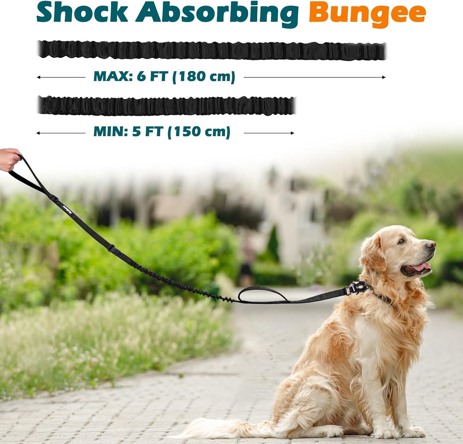 PetBonus Heavy Duty Tactical Dog Leash, 5 FT Bungee Shock Absorption Leash with 2 Padded Handles, Quick Release Metal Clip, Car Seatbelt, No Pull Training Lead for Large Medium Dogs (Black) - Image 3