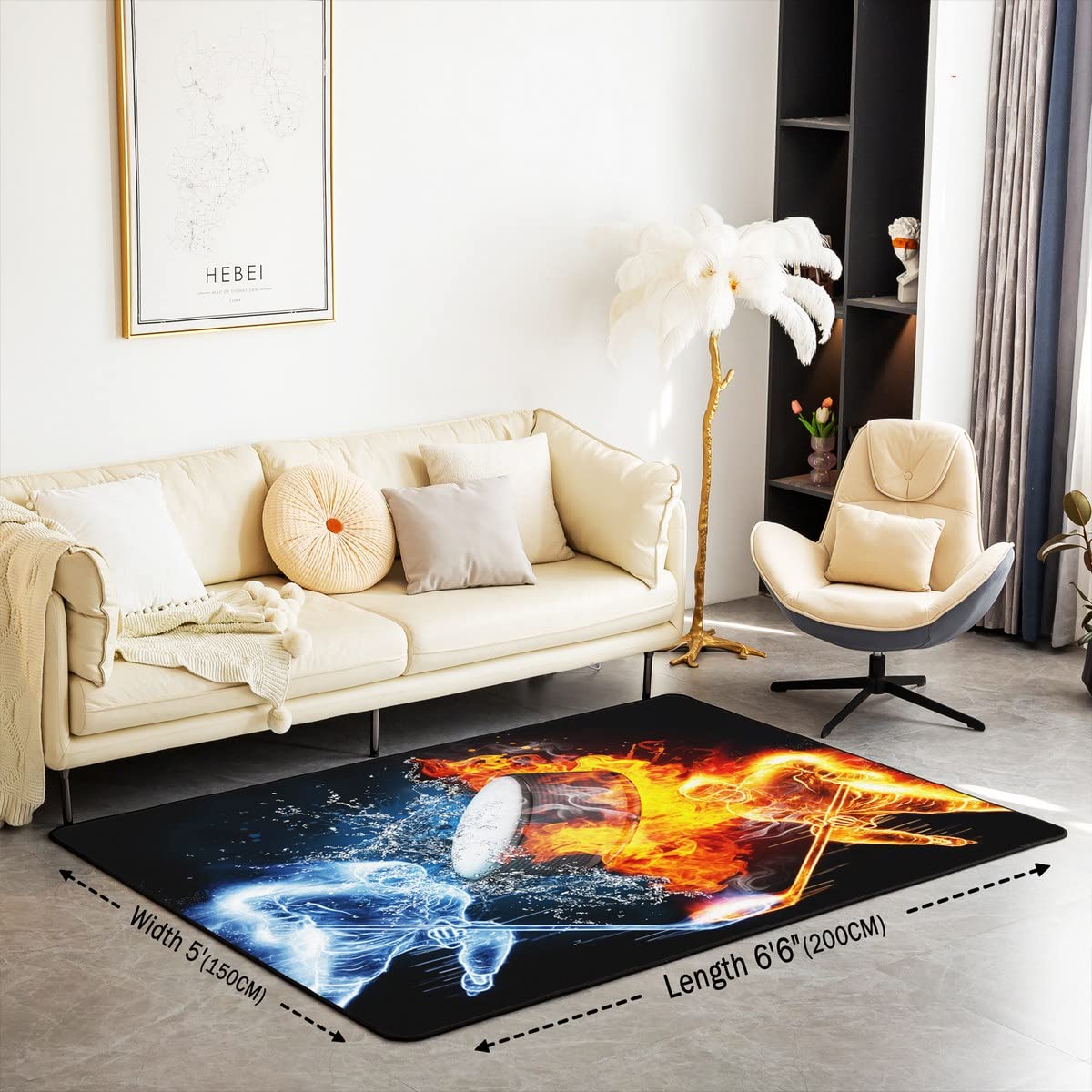 Kinder Eishockey Bereich Teppich 150x200cm Eissport Spiele Teppiche für Wohnzimmer Schlafzimmer Dekor Puck Hockey Indoor Fußmatte Hockey Spieler Orange Blau Akzent Modern Teppich