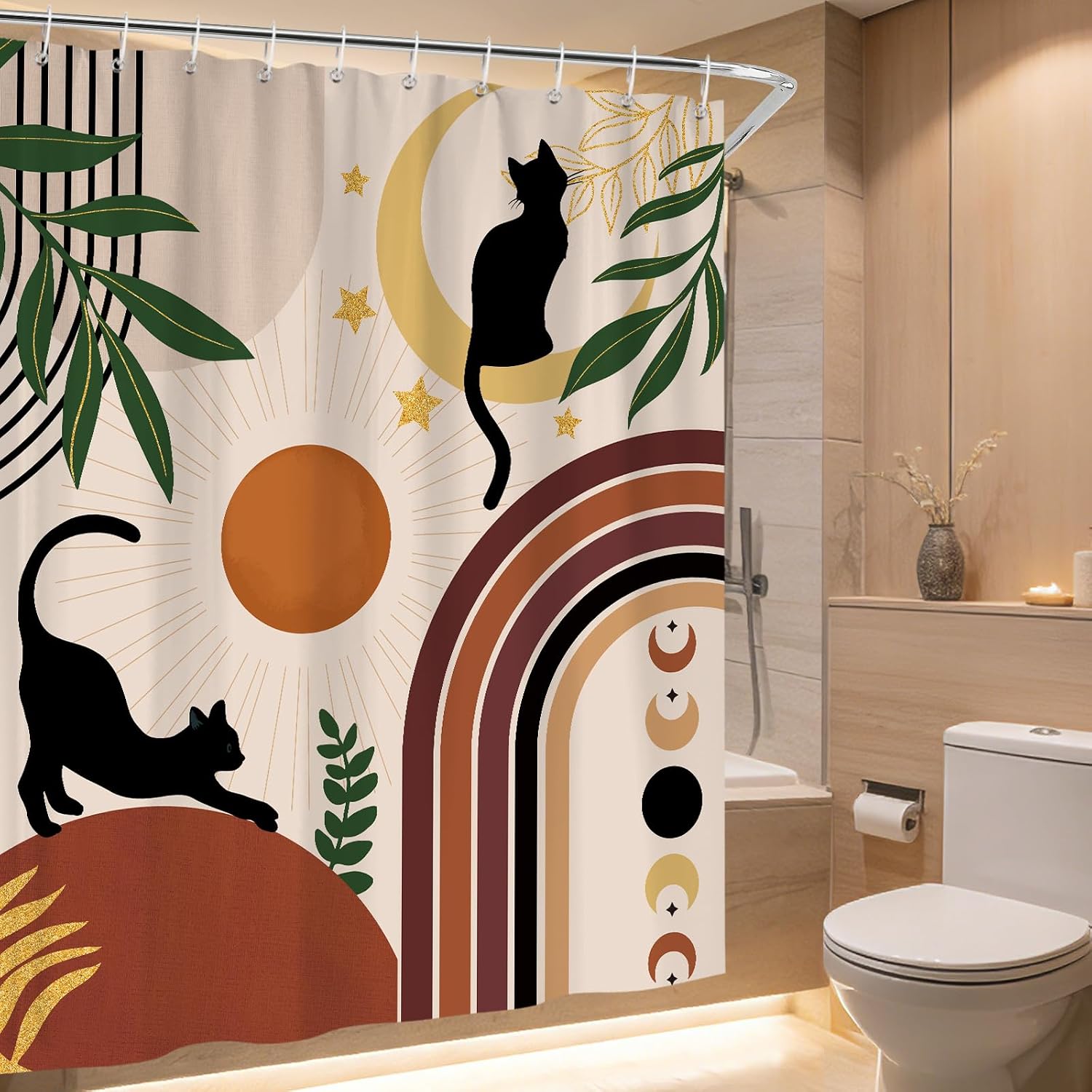 Boho Black Cat Minimalist Gold Leaf Sun Shower Curtain 72X72Inch