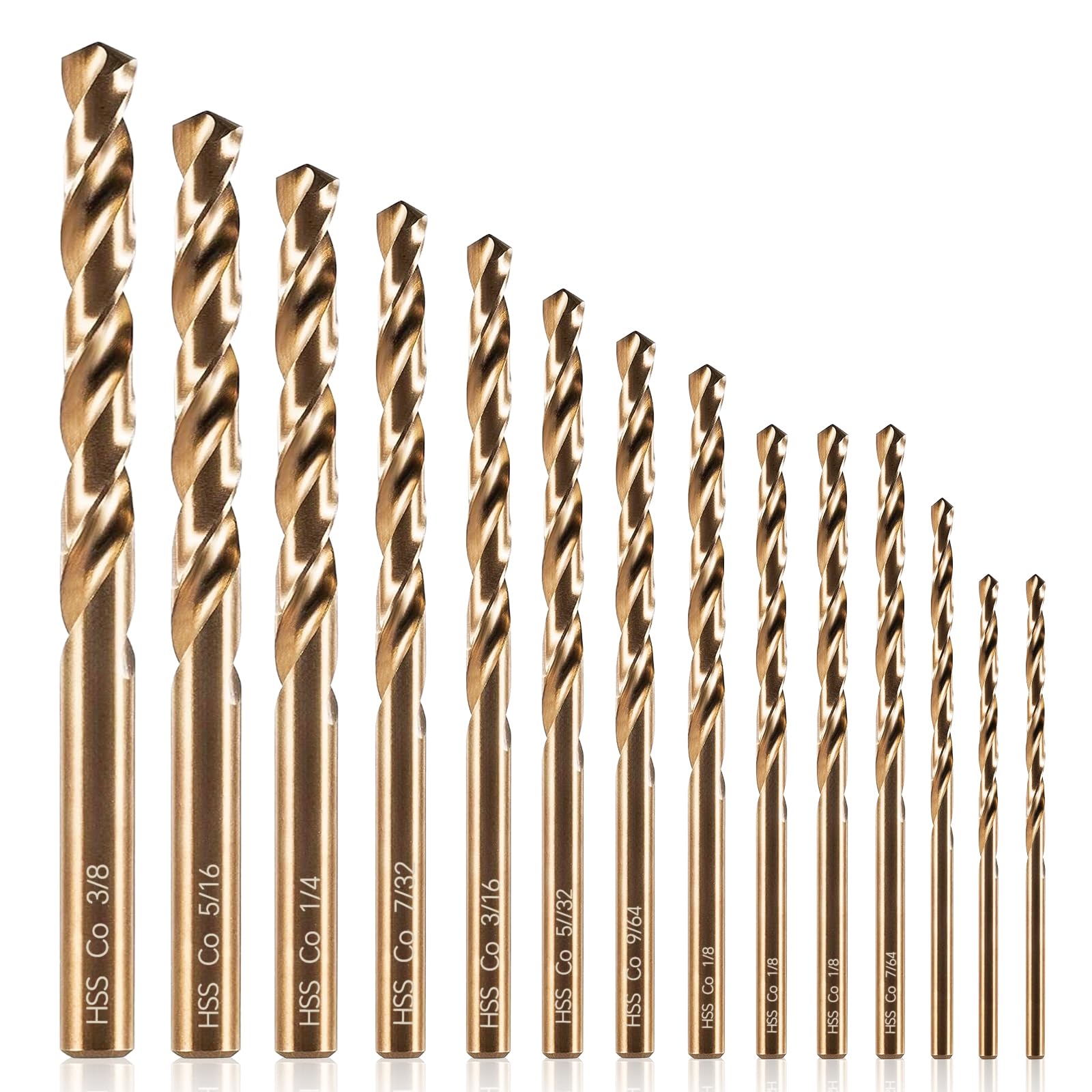 COMOWARE 15Pcs Drill Bit Set (1/16"-3/8"), M35 HSS Twist Drill Bits, Jobber Length, Straight Shank, Metal Drills bit Set for Steel, Stainless Steel/