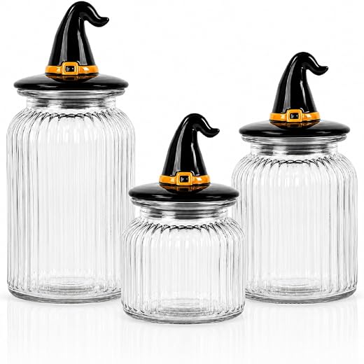 Mimorou 3 Set Halloween Glass Jar with Witchy Hat Lid Halloween Clear Candy Jar Food Storage Canister with Airtight Ceramic Lid for Fall Autumn Party Tea Cookie Table Decoration