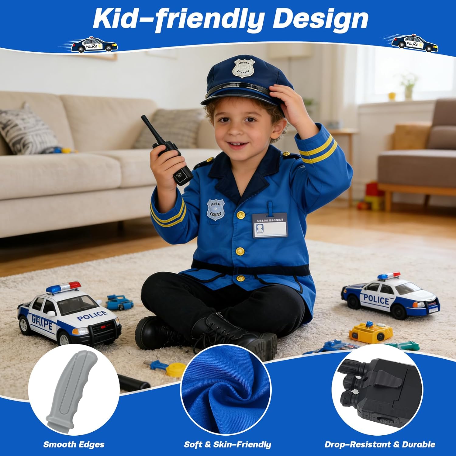 Police Officer Role Play Costume Dress-Up Set for Kids, Police Station Toy Set with Handcuffs, Walkie-Talkie Nightstick, Pretend Cop Career Outfit for Boys Girls Ages 3-7, Halloween Role Play Toys