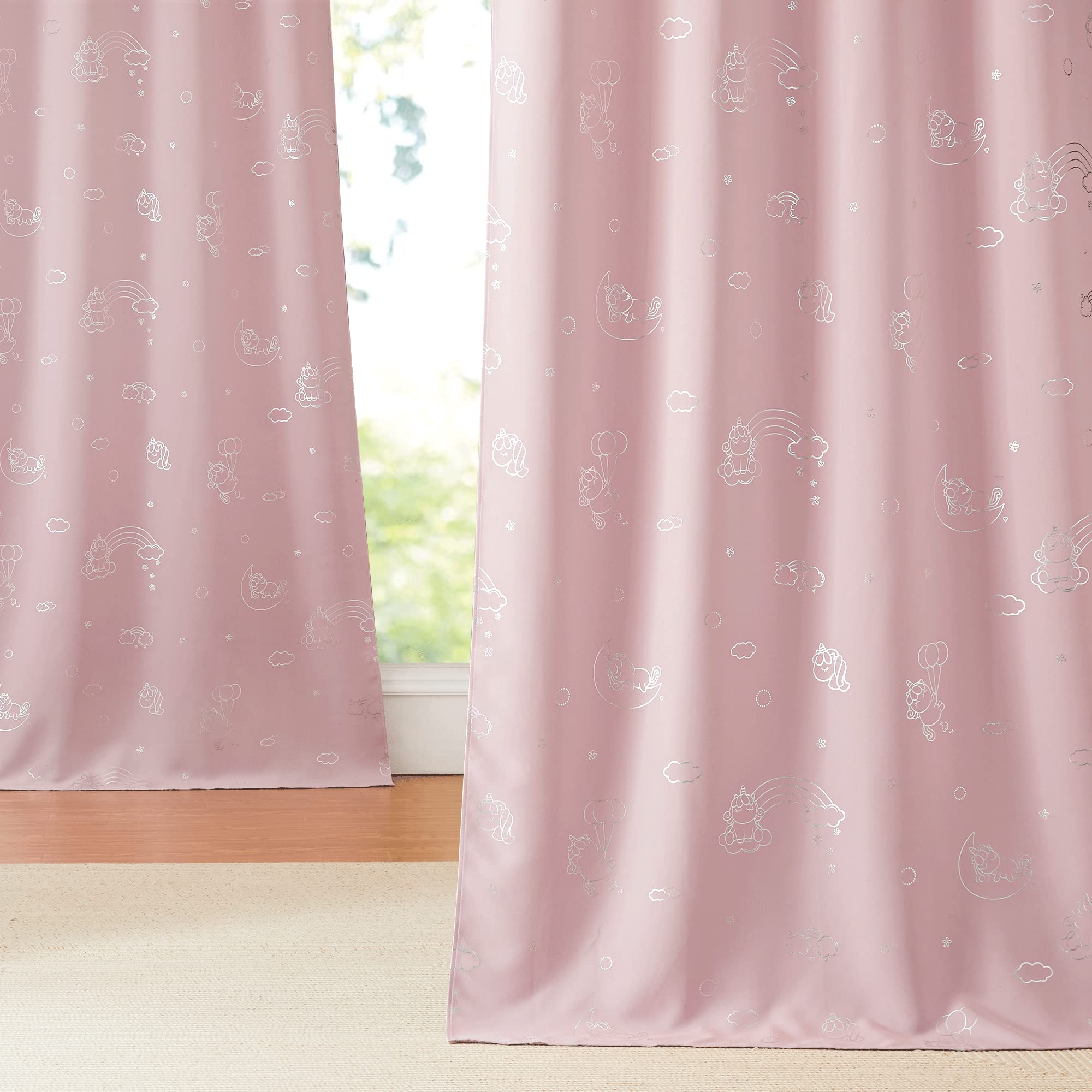 NICETOWN Pink Girls Bedroom Thermal Insulated Blackout Curtains with Unicorns and Rainbow Foil Printed for Daughter, Girls, Baby Nursery, Toddler, Tween or Even Teen Room, 52" Wide by 84" Long
