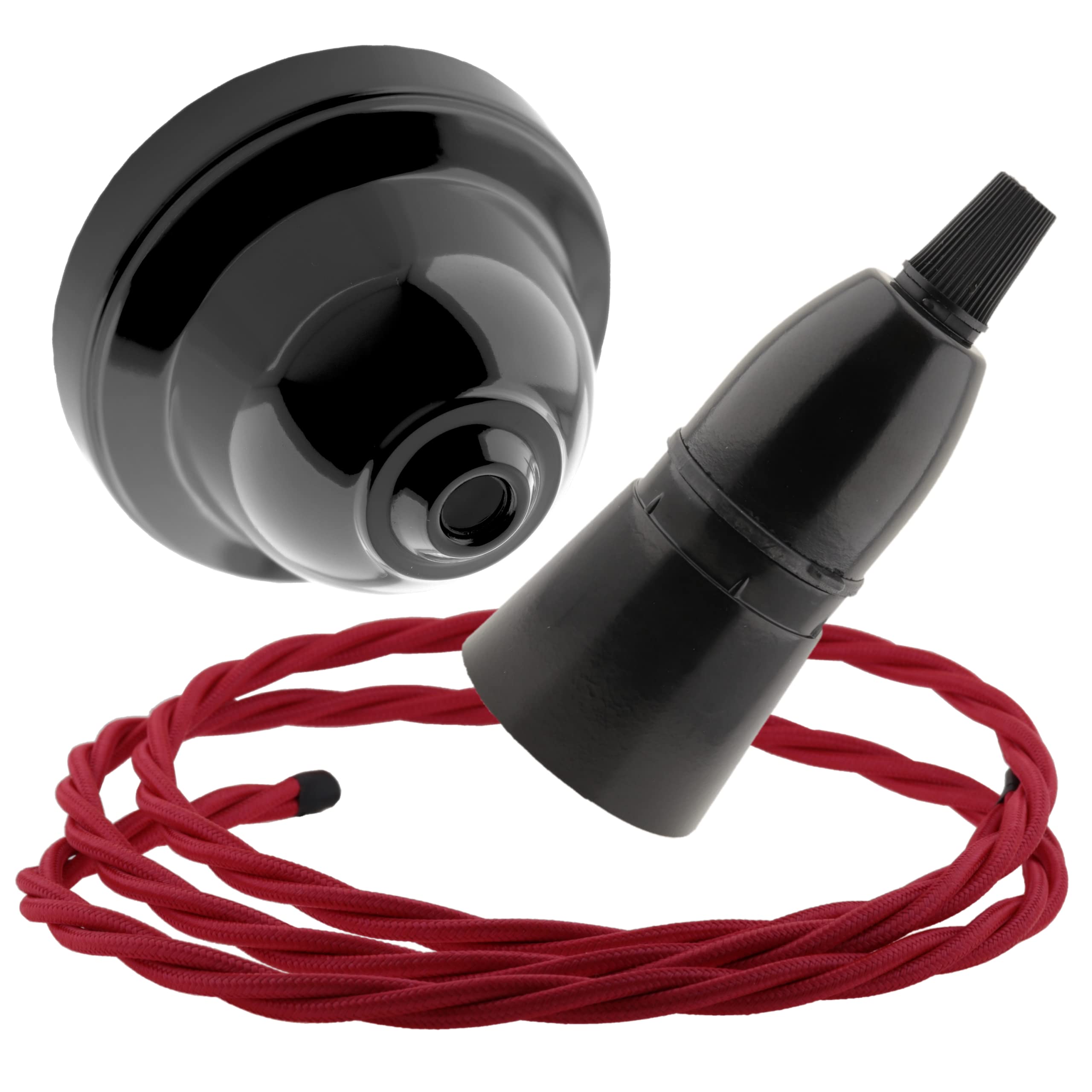 Art Deco Emporium Repaireum Ltd. Black Bakelite Ceiling Pendant Kit with B22 Skirted Lampholder and Bright Red Flex