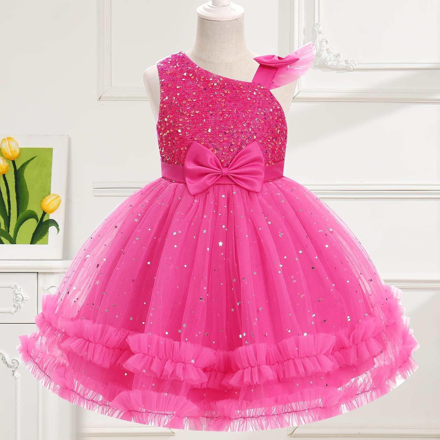 OBEEII Toddler Baby Girls Sequins Princess Wedding Flower Girl Dress Bowknot Christmas Baptism Photoshoot Prom Pageant Gown