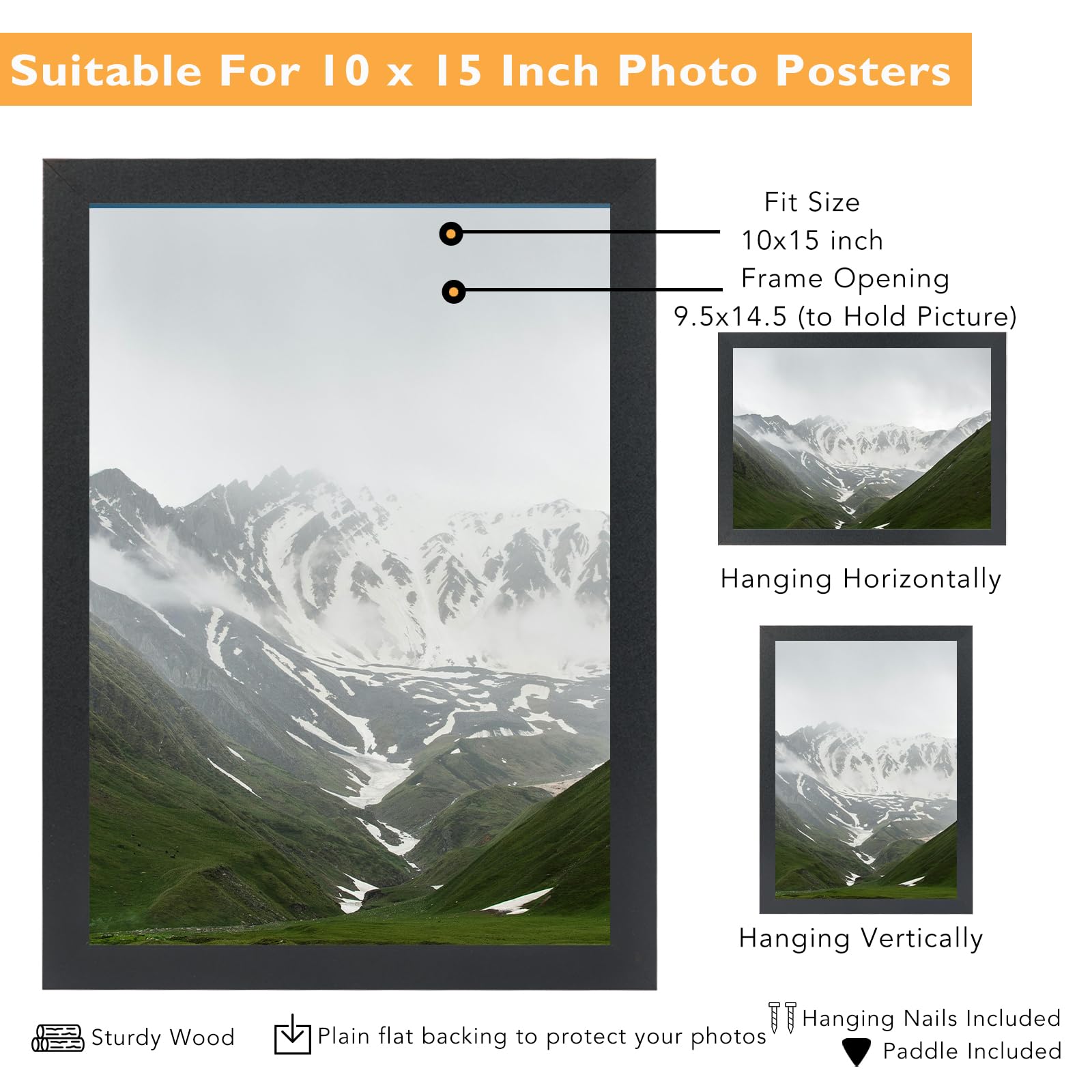 QOTIB 10x15 Picture Frame Black for Wall Mounting, Horizontal and Vertical Formats for Wall Hanging, Wood 10x15 Frame, Black, 1 Pack