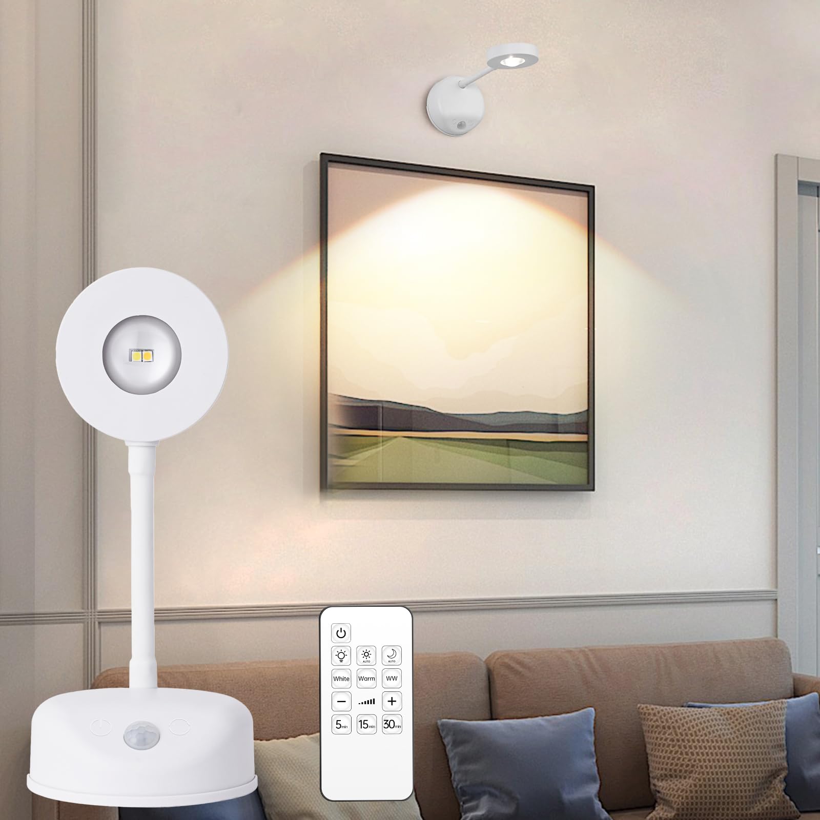 Picture Light Battery Operated,Wireless Painting Lights with Remote,Motion Sensor Spotlight Rechargeable,Dimmable 3 Color Temperature,360°Rotation LED Light,for Wall,Gallery Dartboard, Artwork