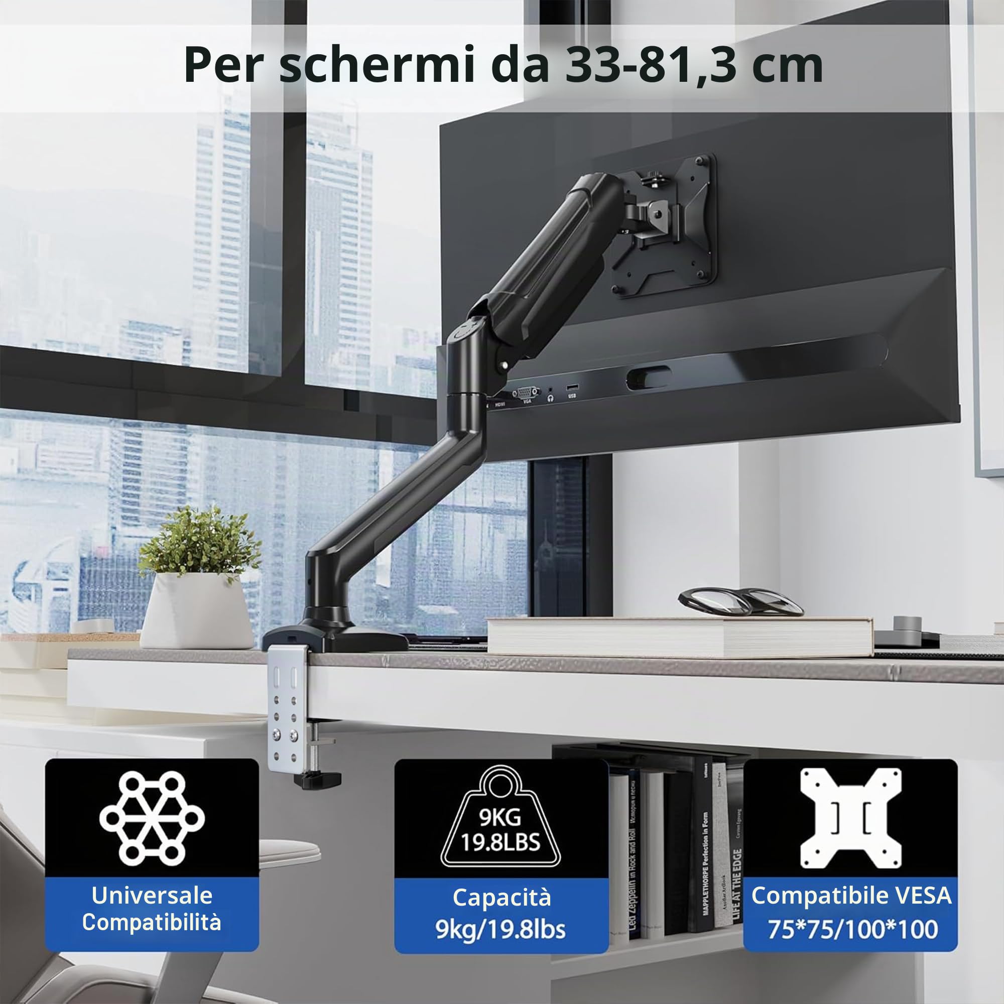 BONTEC Supporto Monitor Braccio Regolabile da 13" a 32", VESA 75/100 mm, Carico 9 kg, Rotazione 360°
