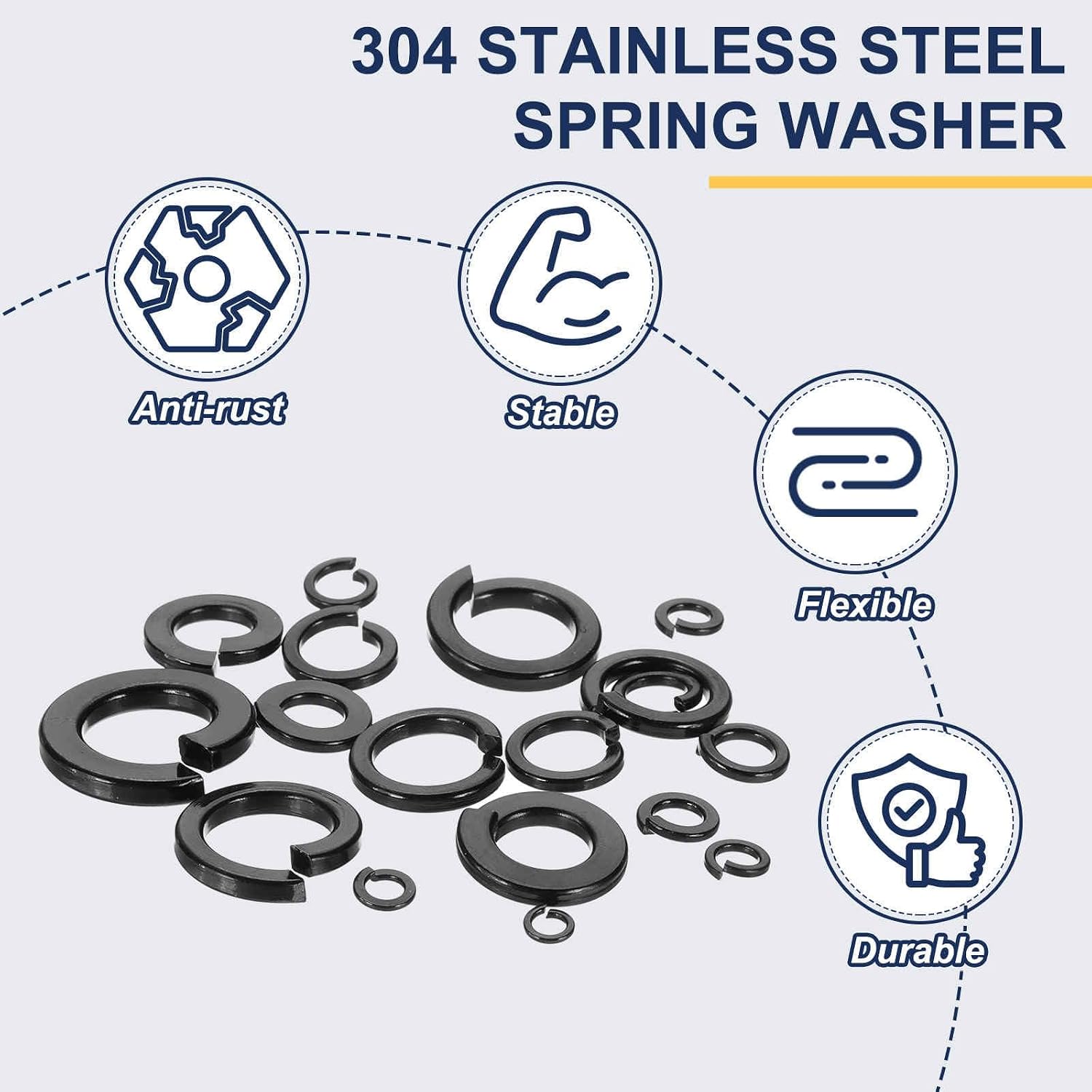 MECCANIXITY M4 Spring Lock Washer, 304 Stainless Steel Split Lock Washers for Screws Bolts Cars Construction Machinery Black Pack of 100