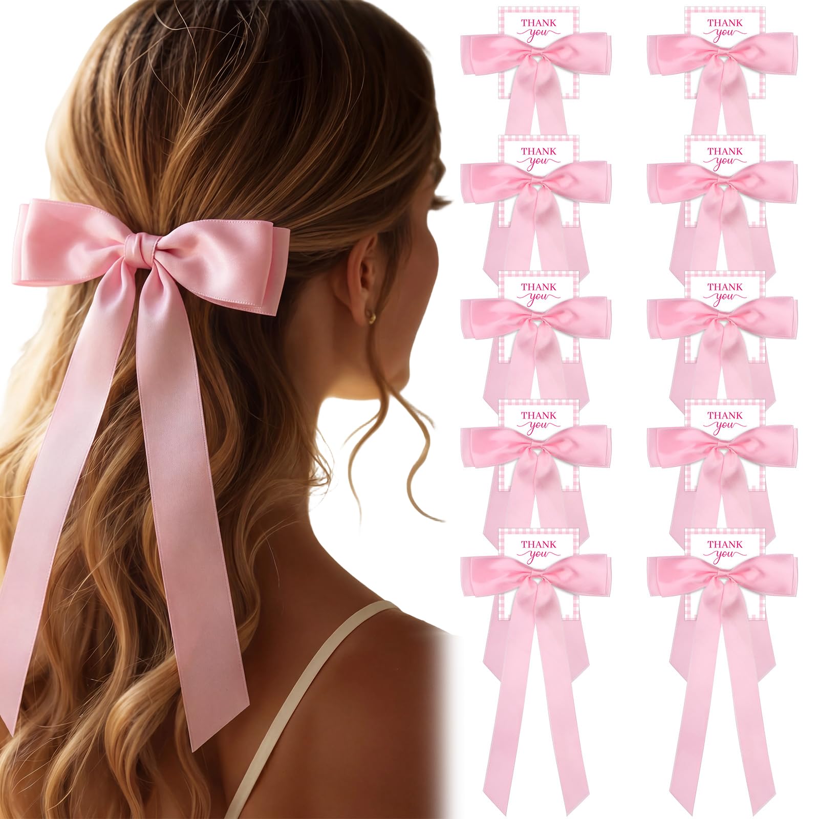 CNSJ 20 Pack Pink Bow Satin Crocodile Hair Clips Thank You Gifts 14x17 cm Coquette Bow Party Favors Thank You Cards for DIY Crafts Bachelorette Wedding Bridal Baby Shower Birthday Guests