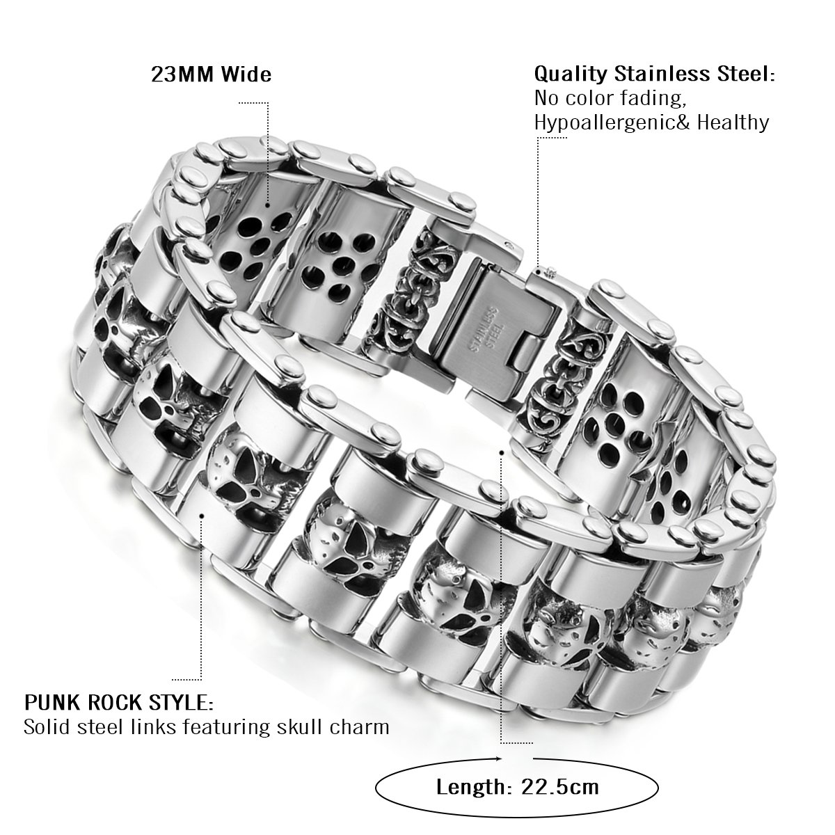 Cupimatch Herren Armband Punk Biker Gothic Totenkopf Edelstahl Kette Silber Edelstahl Link Kette Armband Armreif Manschette Armschmuck für Männer