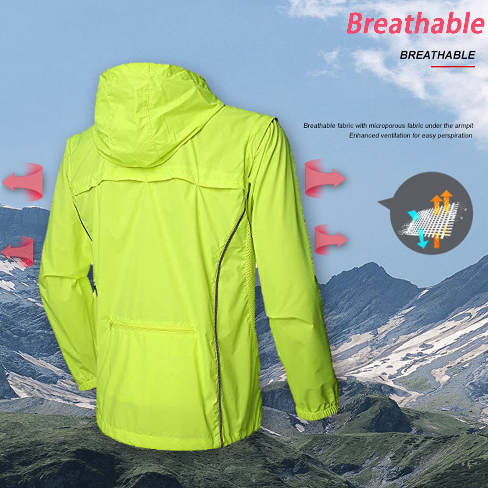 Langarm Fahrradjacke Herren,Sommer Wasserdicht Atmungsaktiv Fahrrad Klamotten,Winddichte Schnell Trocknen Regenjacke Laufjacke,für Radfahren Wandern Bergsteigen,Fluo