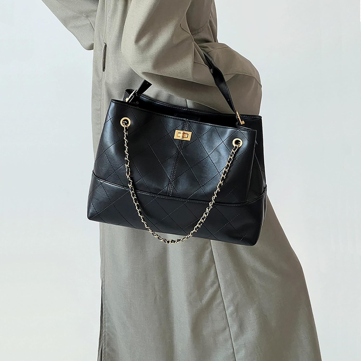 Quilted Two-Tone ToteBag For Women Faux Soft Leather Suede Purse Trendy Vintage Casual Shoulder Handbag With Chain Strap