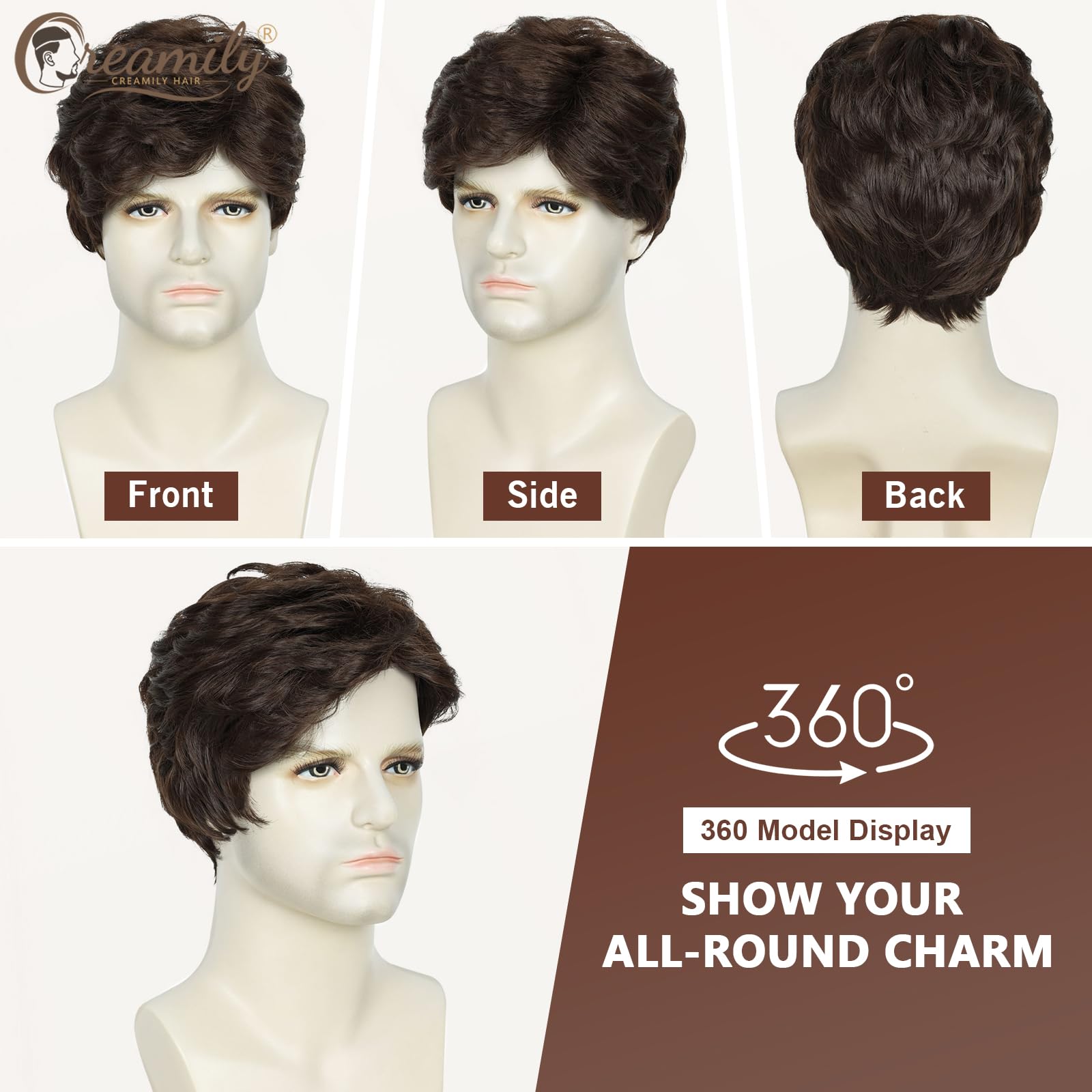 Creamily Brown Short Hair Wig for Mens Natural Hair,Layered Fluffy Hair Wigs,Full Hair Wig Synthetic for Men Party Daily 1