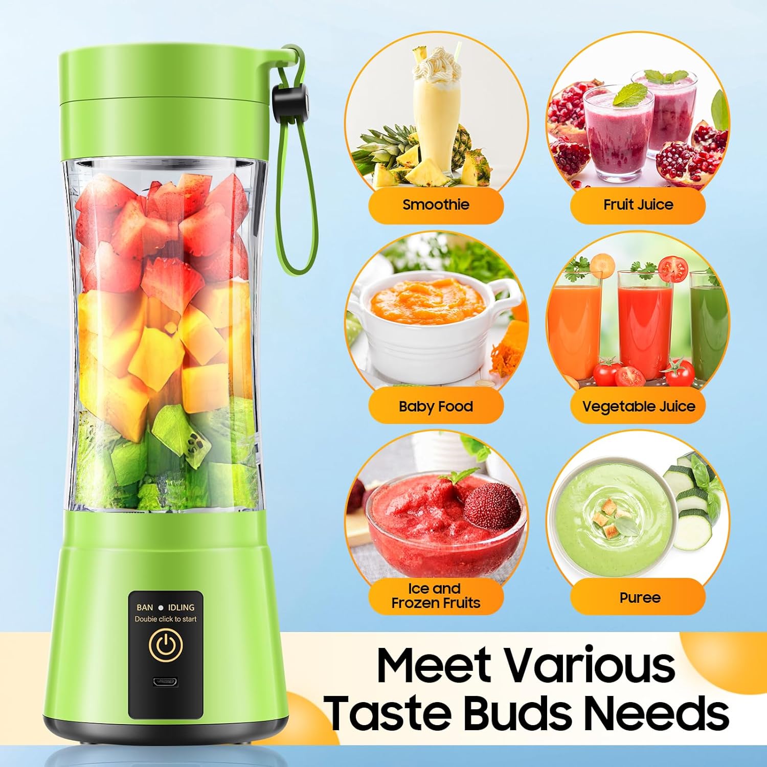 Cordless Portable Personal Size Blender - Mini Blender Make Smoothies and Shakes, 380Ml BPA Free Travel Cup, Powerful Blending Suit in Office/Home/Gym