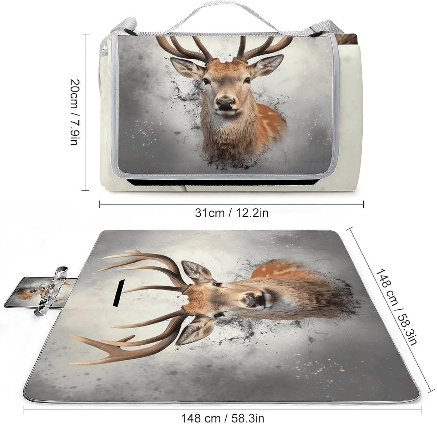 Animal Deer Waterproof Picnic Blanket 58.3''x58.3'',Portable and Foldable Picnic Mat with Handle,Outdoor Blankets for Lawn Park Beach Travel