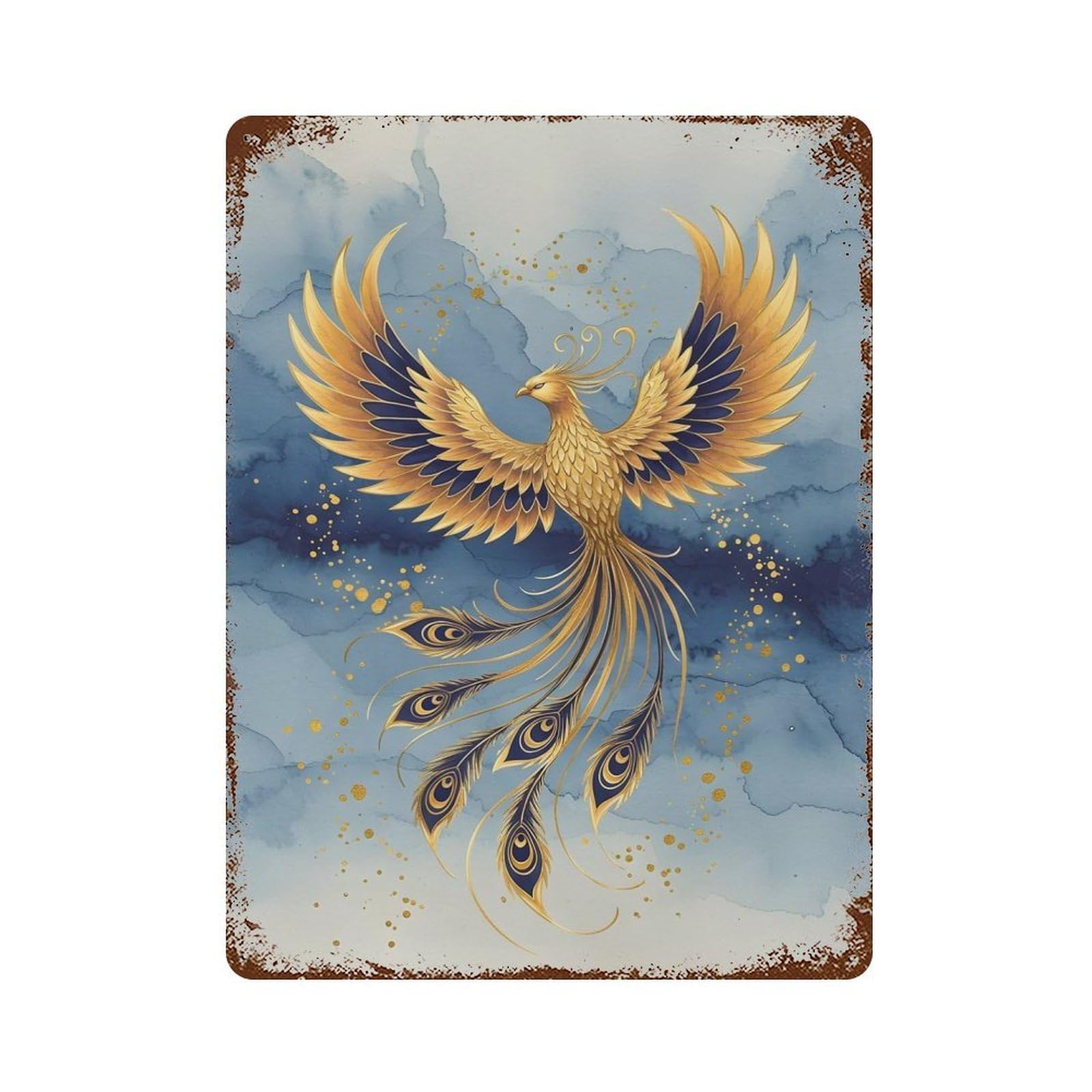Golden Phoenix Rising 15.7"x11.8" Vintage Rust Metal Sign, Shabby Chic Decor for Garage, Bar And Workshop Decor
